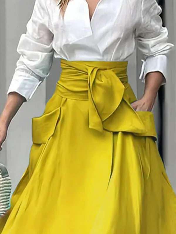 A-Line Loose Pockets Solid Color Split-Joint Tied Waist Skirts Bottoms