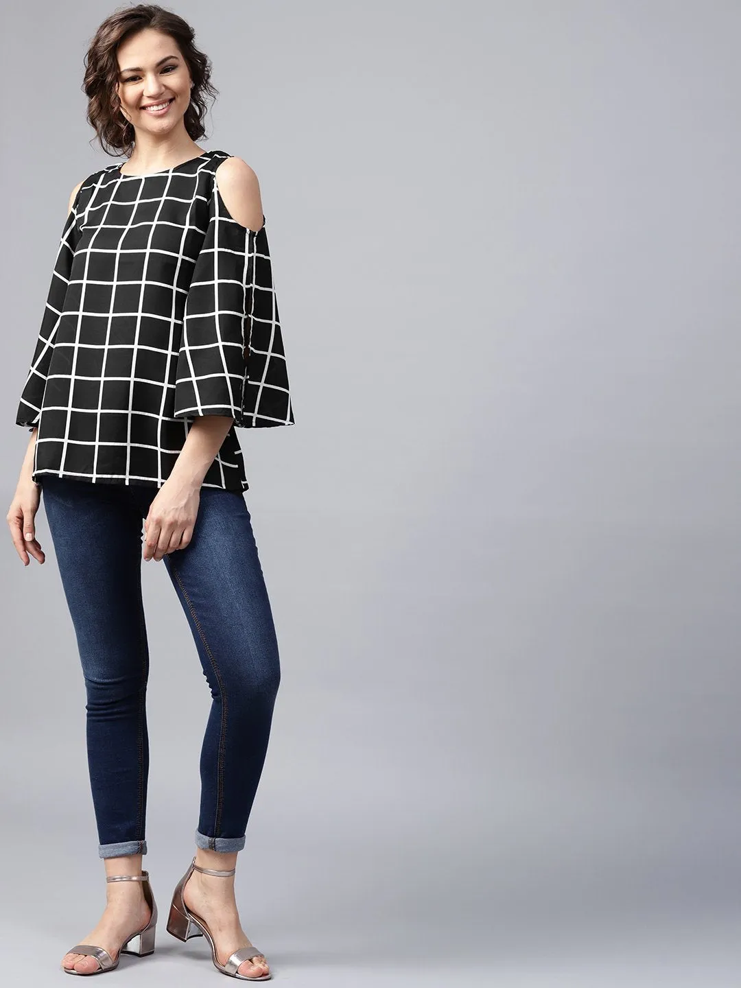 Black Checked 3/4Th Sleeve Cold Shoulder Crepe Tunic