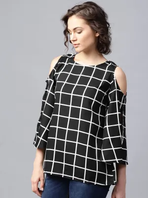 Black Checked 3/4Th Sleeve Cold Shoulder Crepe Tunic