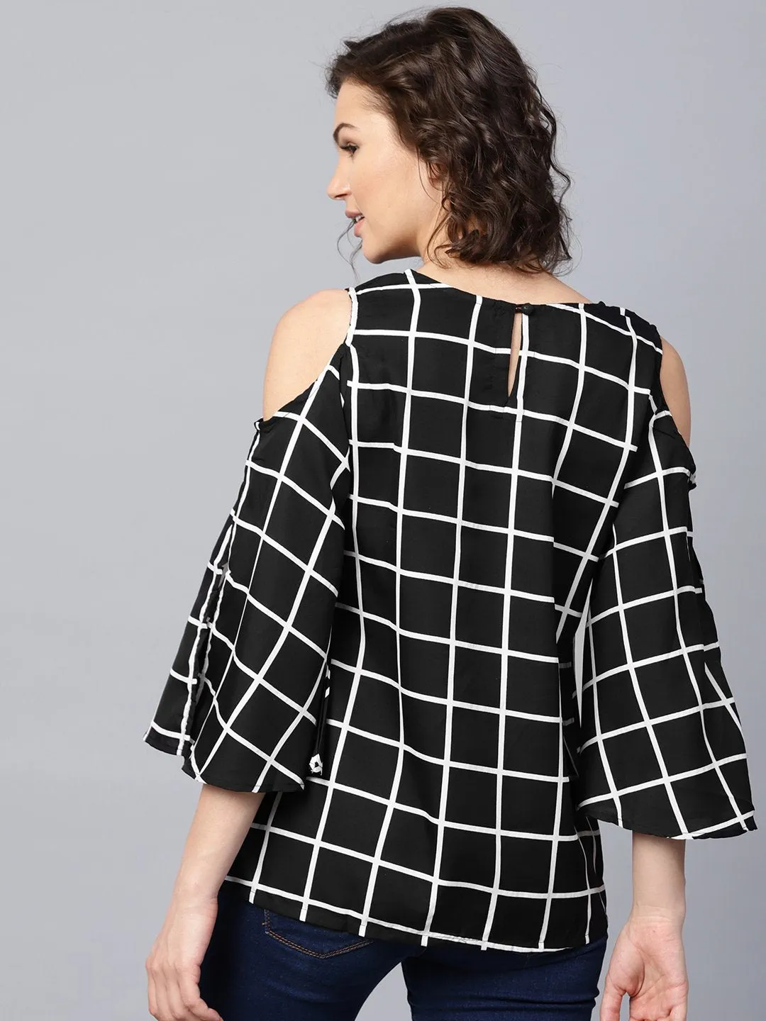 Black Checked 3/4Th Sleeve Cold Shoulder Crepe Tunic