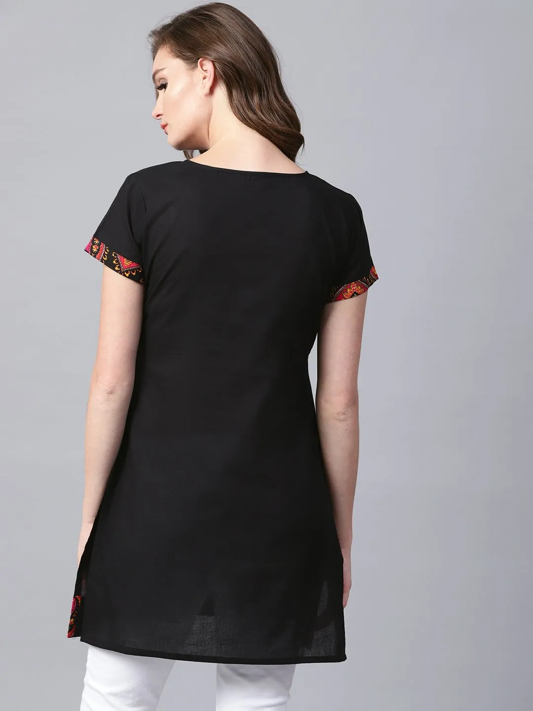 Black Yoke Printed Half Sleeve Cotton Tunic