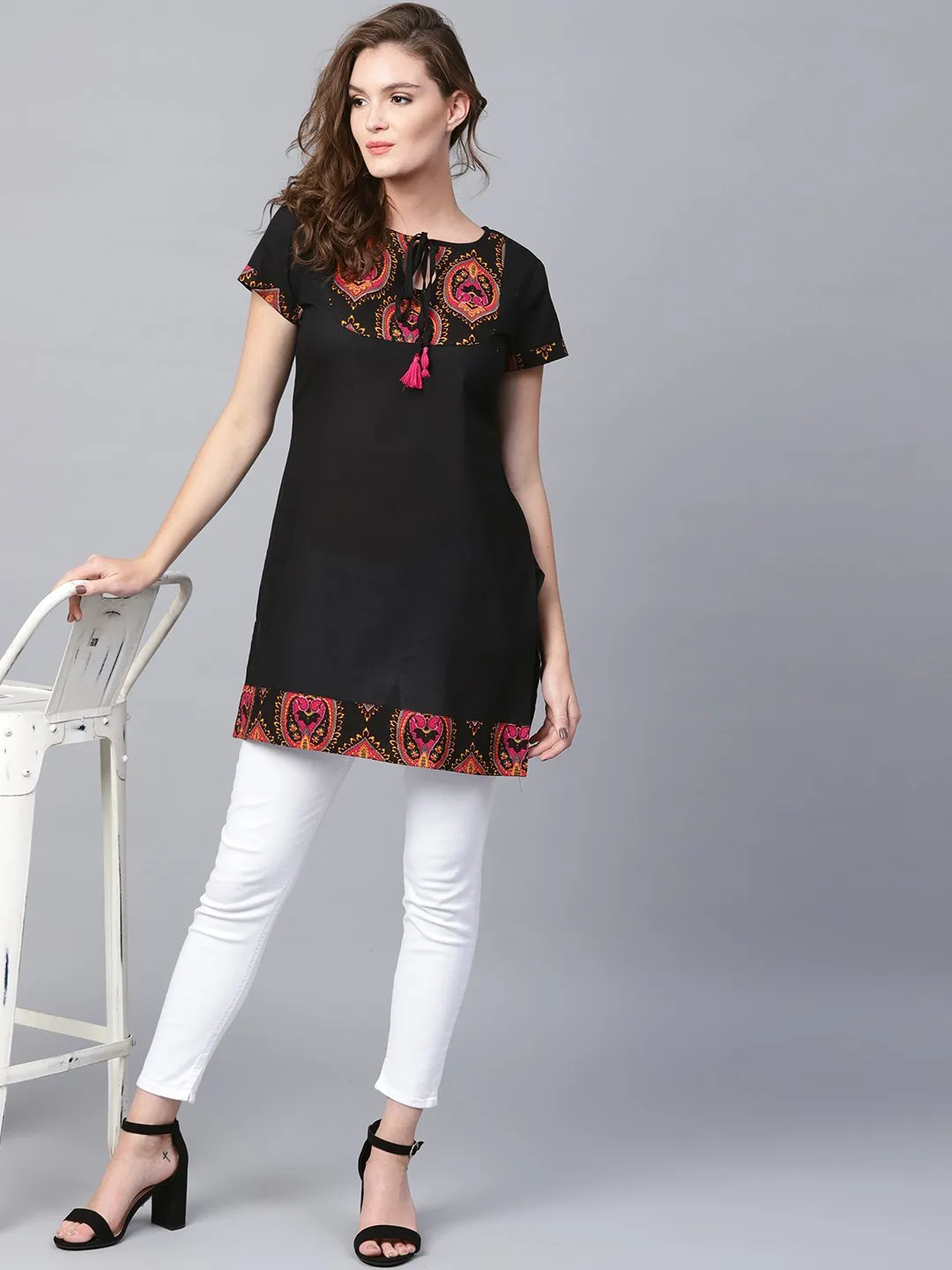 Black Yoke Printed Half Sleeve Cotton Tunic