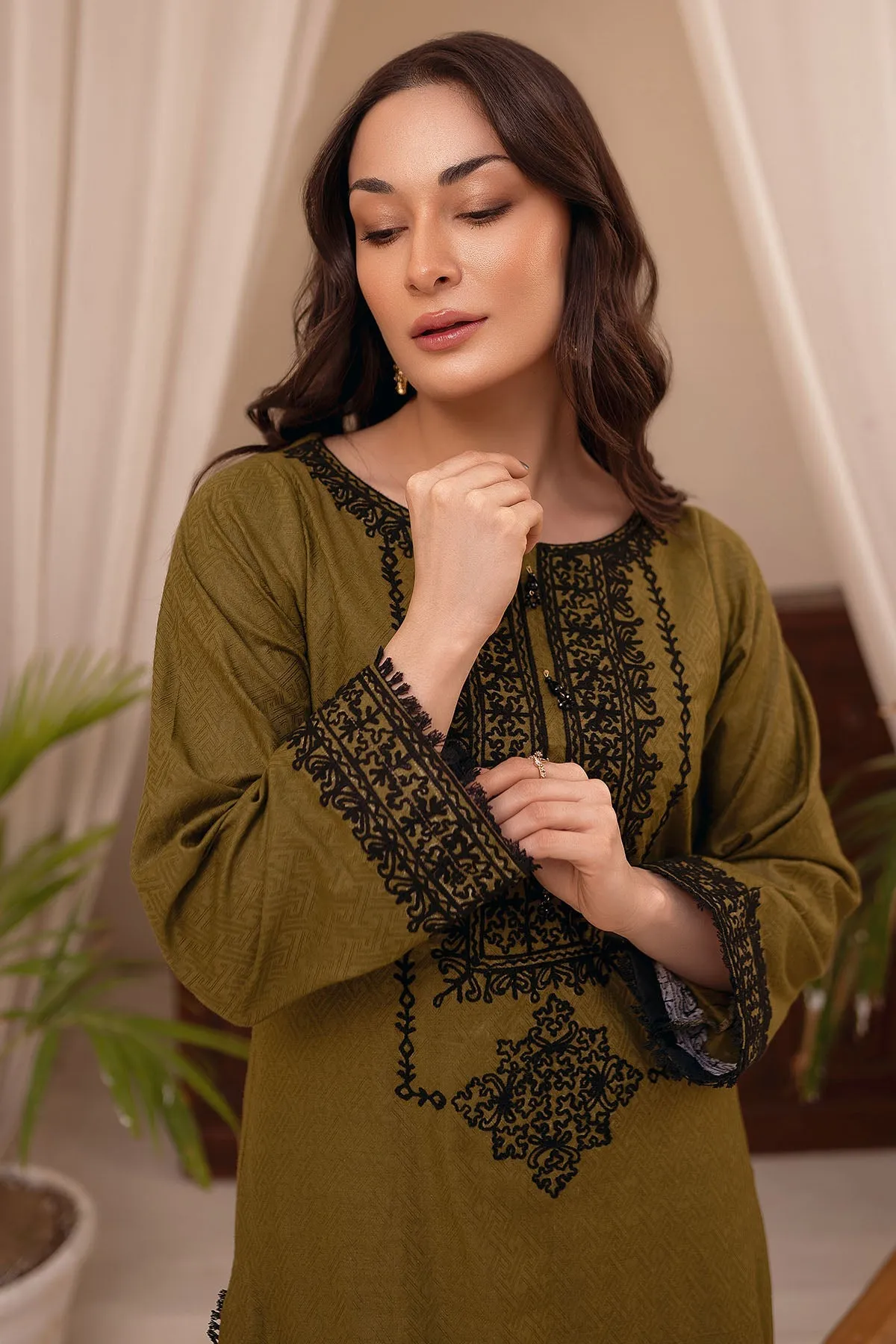 Fahza by Fareeha - Prism - Olive Green - Self-Cotton - 2 Piece