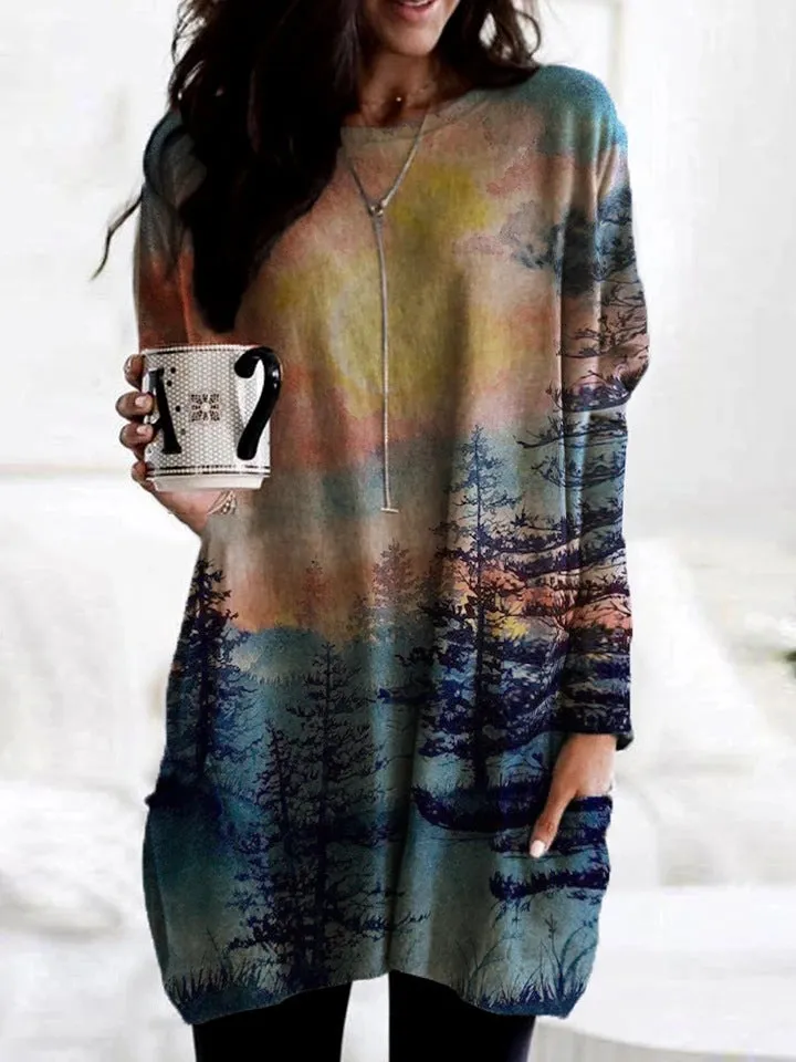 Fashion casual landscape sunrise print loose casual T-shirt