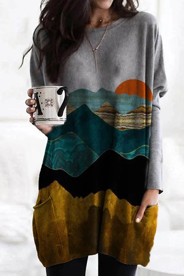 Fashion casual landscape sunrise print loose casual T-shirt