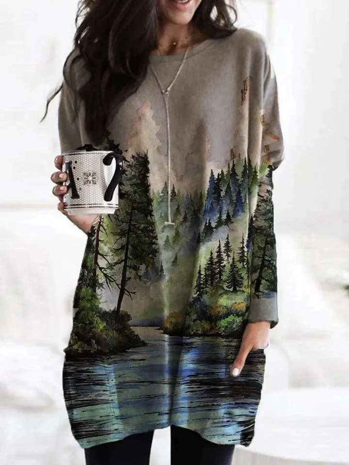 Fashion casual landscape sunrise print loose casual T-shirt