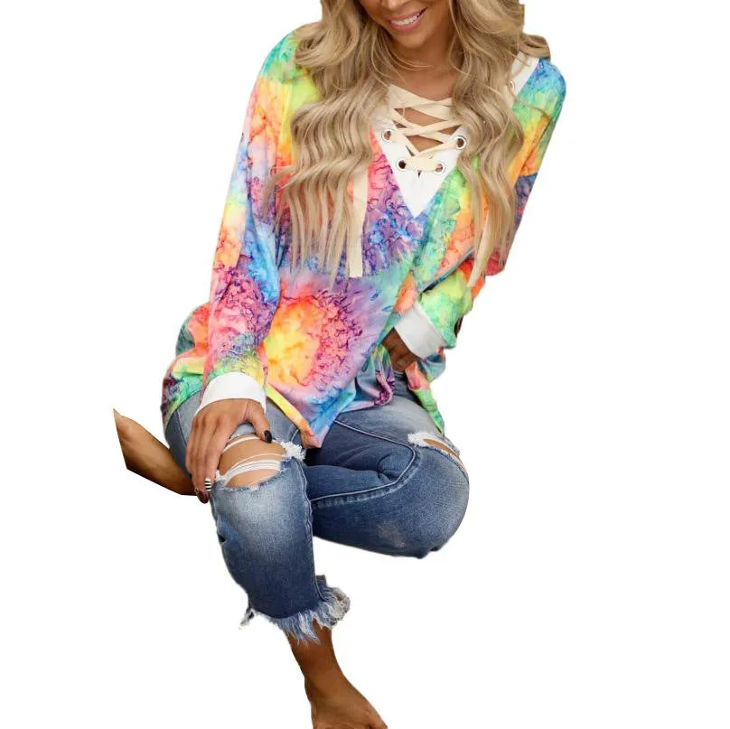 Fashion cool tie-dye printing long-sleeved V-neck tie casual T-shirt top