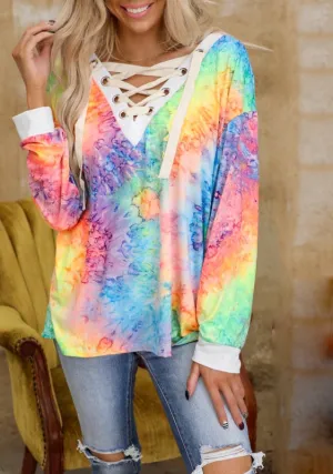 Fashion cool tie-dye printing long-sleeved V-neck tie casual T-shirt top