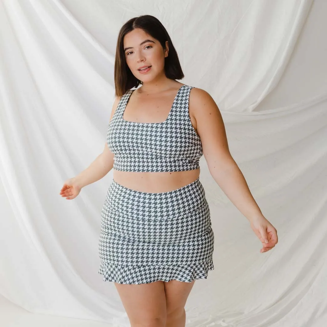 Houndstooth High-Waisted Swim Skirt