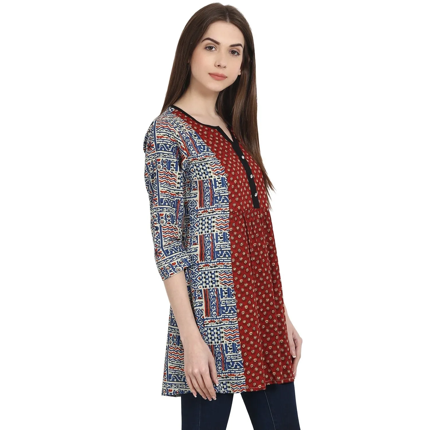 Multi Printed 3/4 Sleeve Cotton A-Line Tunics