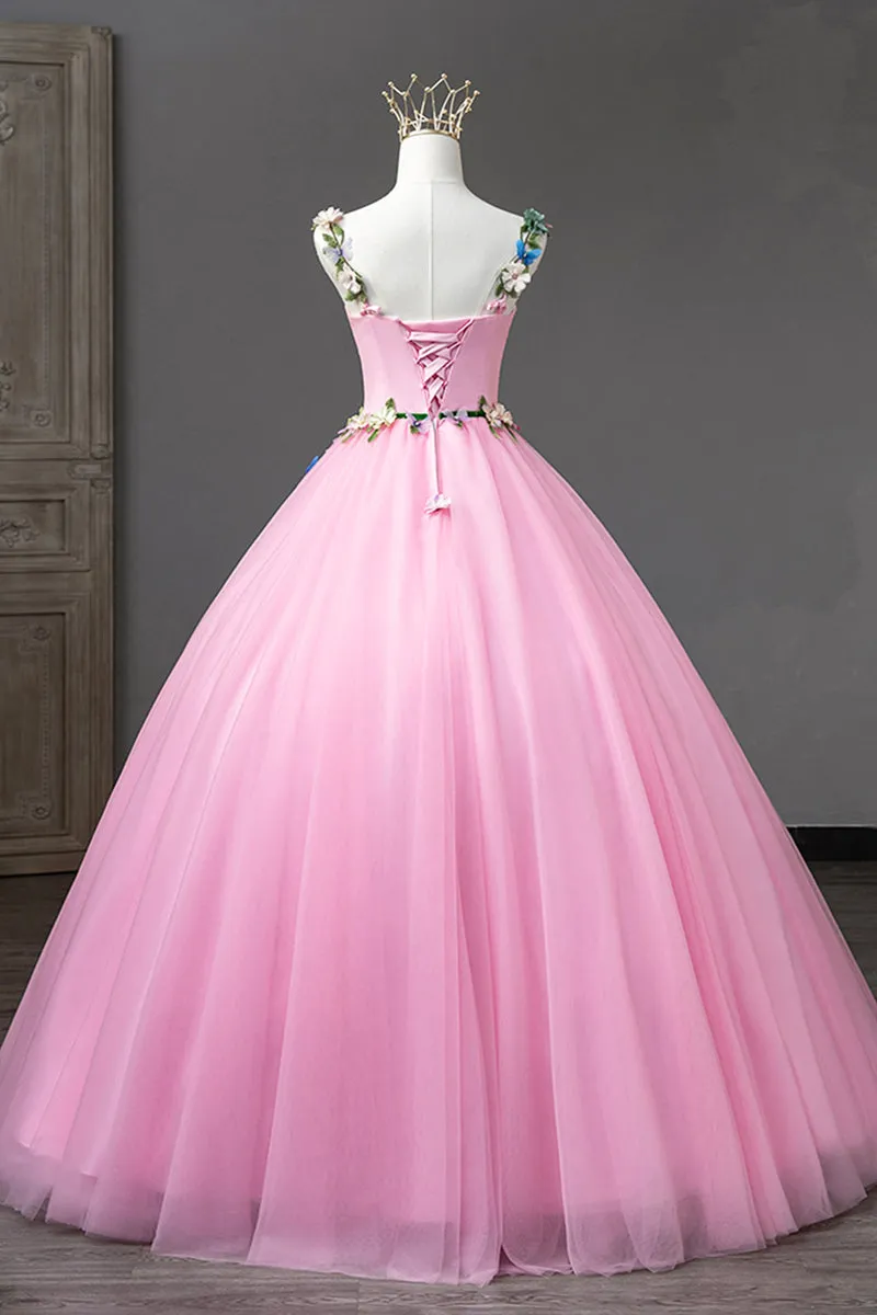 Pink Straps Tulle Sweetheart Ball Gown with Flowers, Pink Formal Dress Prom Dress