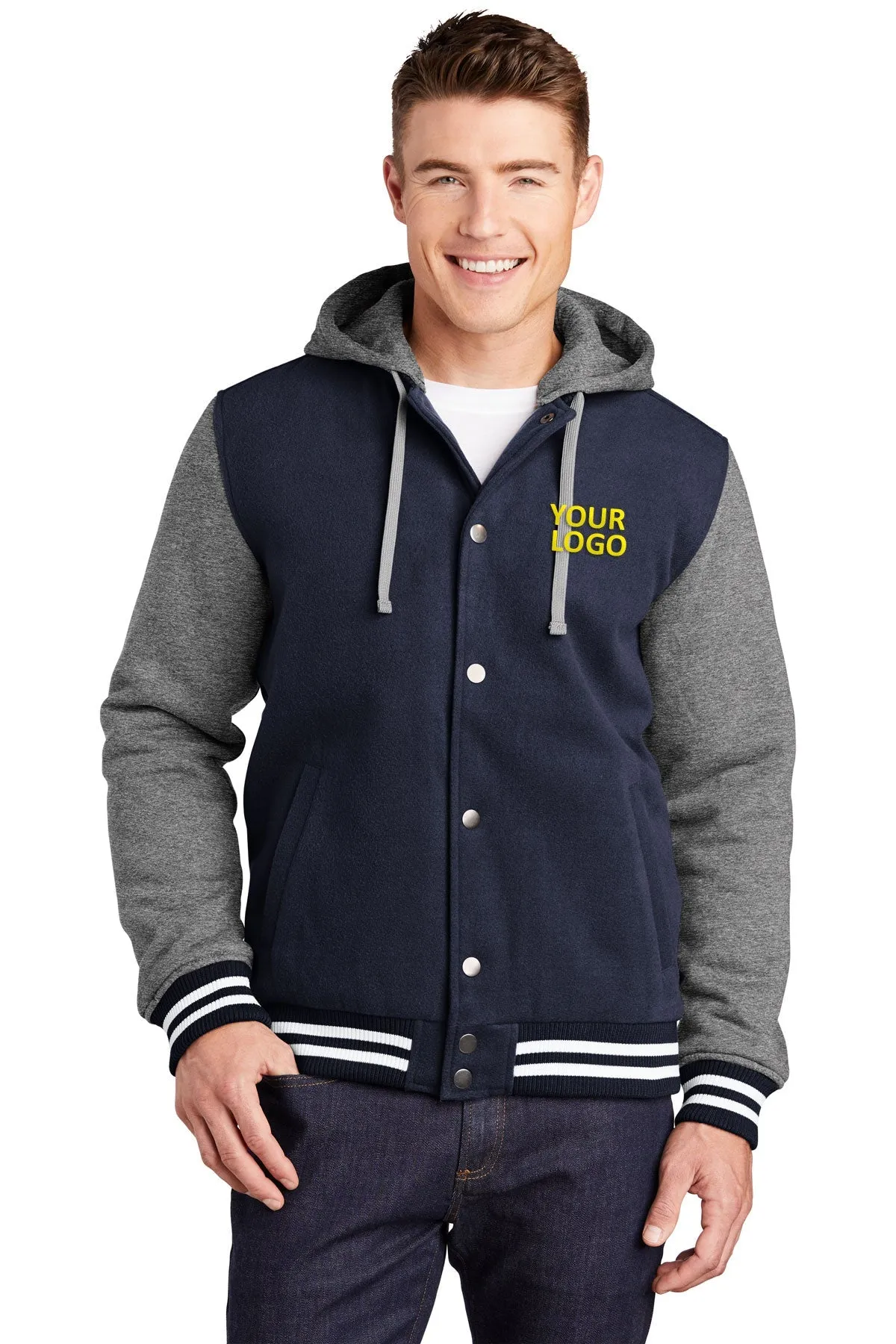 Sport-Tek Insulated Customized Letterman Jackets, True Navy/ Vintage Heather