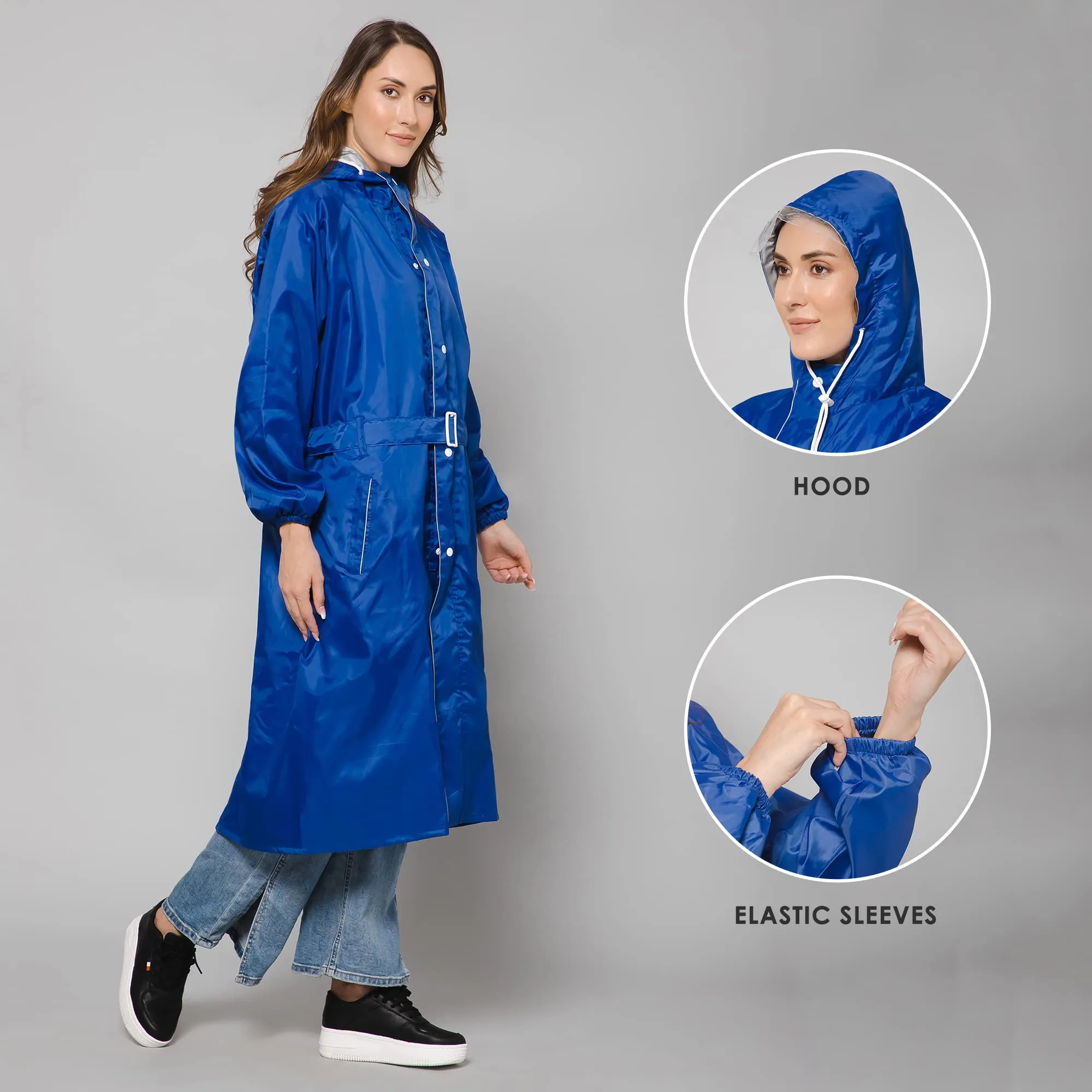 THE CLOWNFISH Polyester Long Length Raincoats For Women Raincoat For Ladies Waterproof Reversible Double Layer. Drizzle Diva Series (Royal Blue, 2XL)