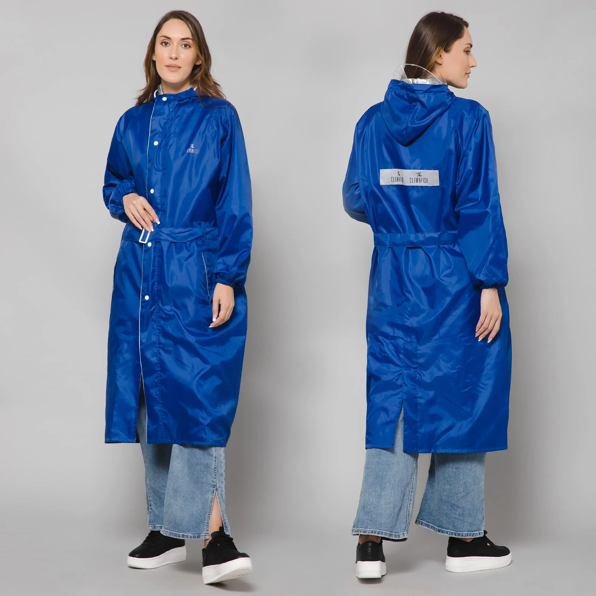 THE CLOWNFISH Polyester Long Length Raincoats For Women Raincoat For Ladies Waterproof Reversible Double Layer. Drizzle Diva Series (Royal Blue, 2XL)