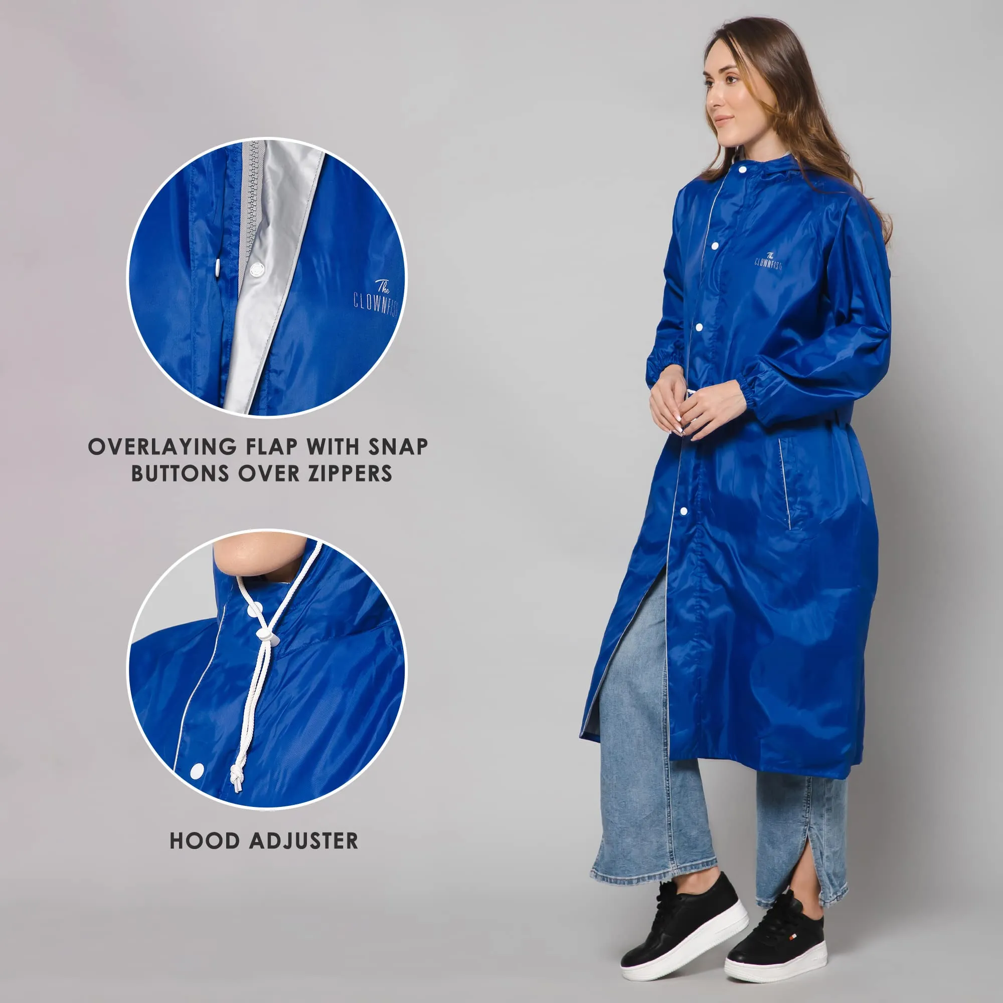 THE CLOWNFISH Polyester Long Length Raincoats For Women Raincoat For Ladies Waterproof Reversible Double Layer. Drizzle Diva Series (Royal Blue, 2XL)