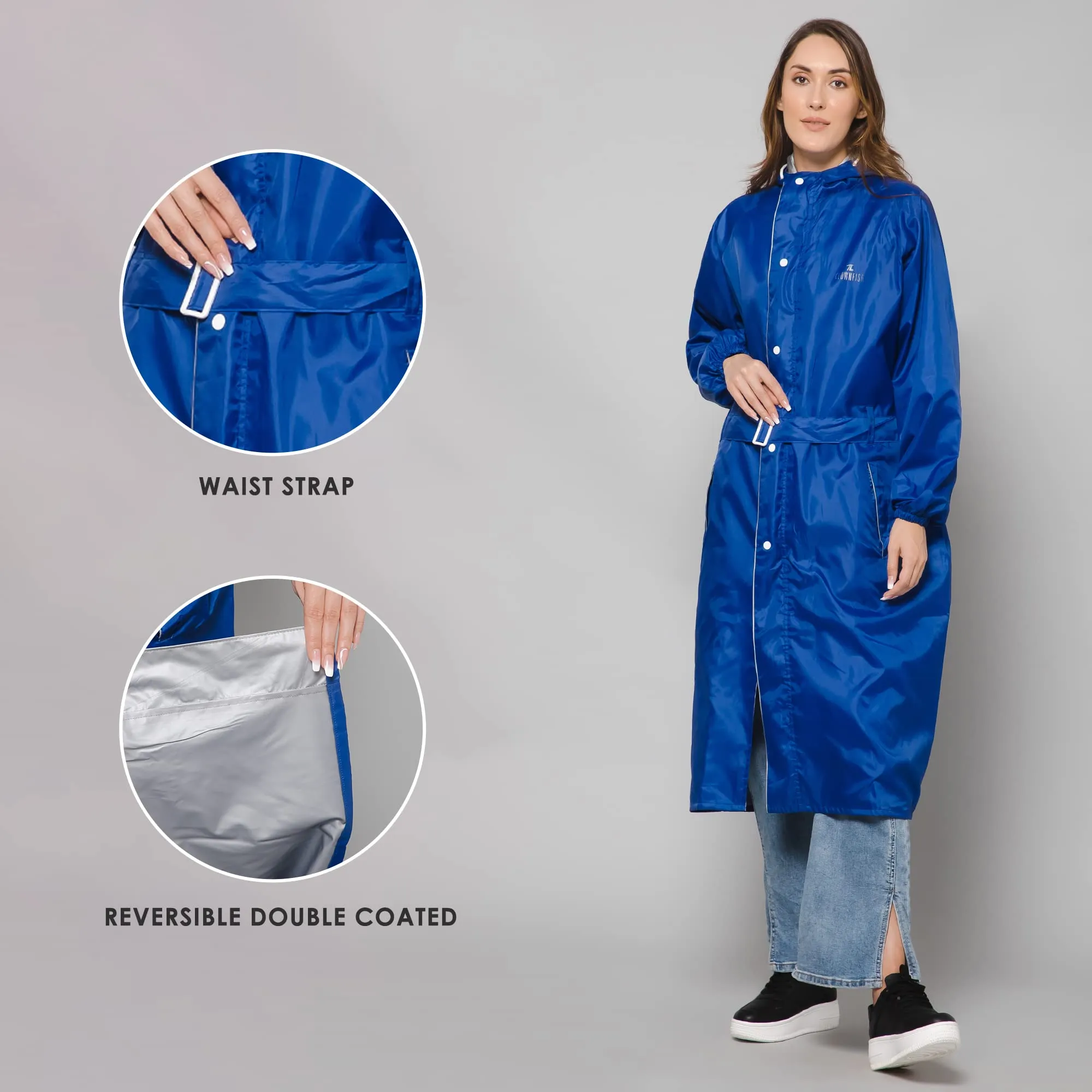 THE CLOWNFISH Polyester Long Length Raincoats For Women Raincoat For Ladies Waterproof Reversible Double Layer. Drizzle Diva Series (Royal Blue, 2XL)