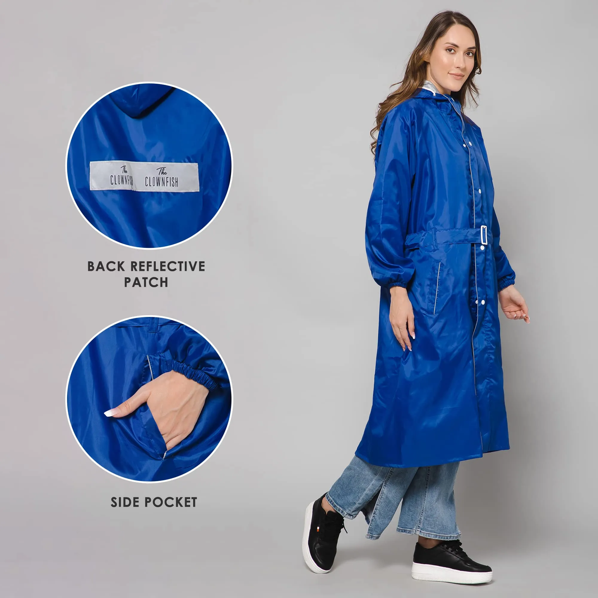 THE CLOWNFISH Polyester Long Length Raincoats For Women Raincoat For Ladies Waterproof Reversible Double Layer. Drizzle Diva Series (Royal Blue, 2XL)