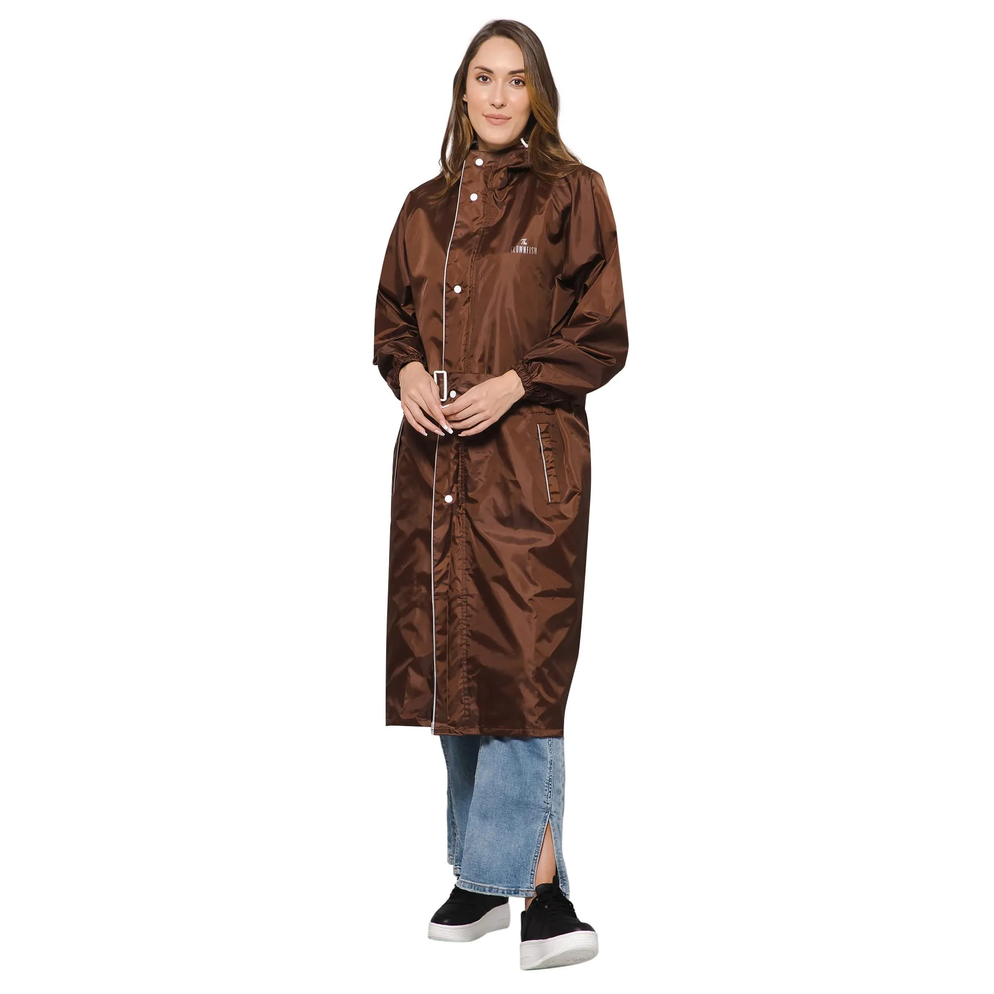 THE CLOWNFISH Polyester Raincoats For Women Raincoat For Ladies Waterproof Reversible Double Layer. Drizzle Diva Series (Brown, Large)