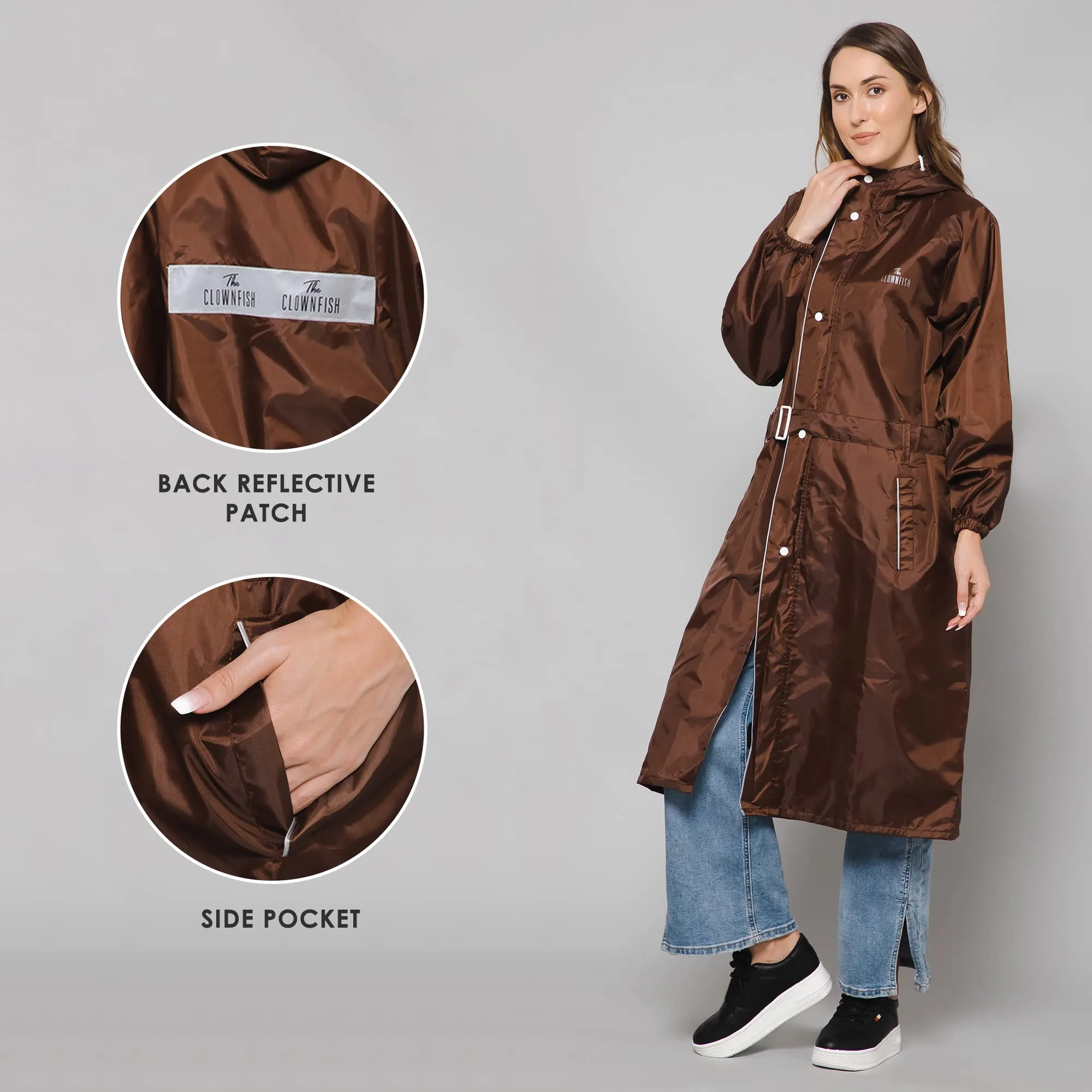 THE CLOWNFISH Polyester Raincoats For Women Raincoat For Ladies Waterproof Reversible Double Layer. Drizzle Diva Series (Brown, Large)