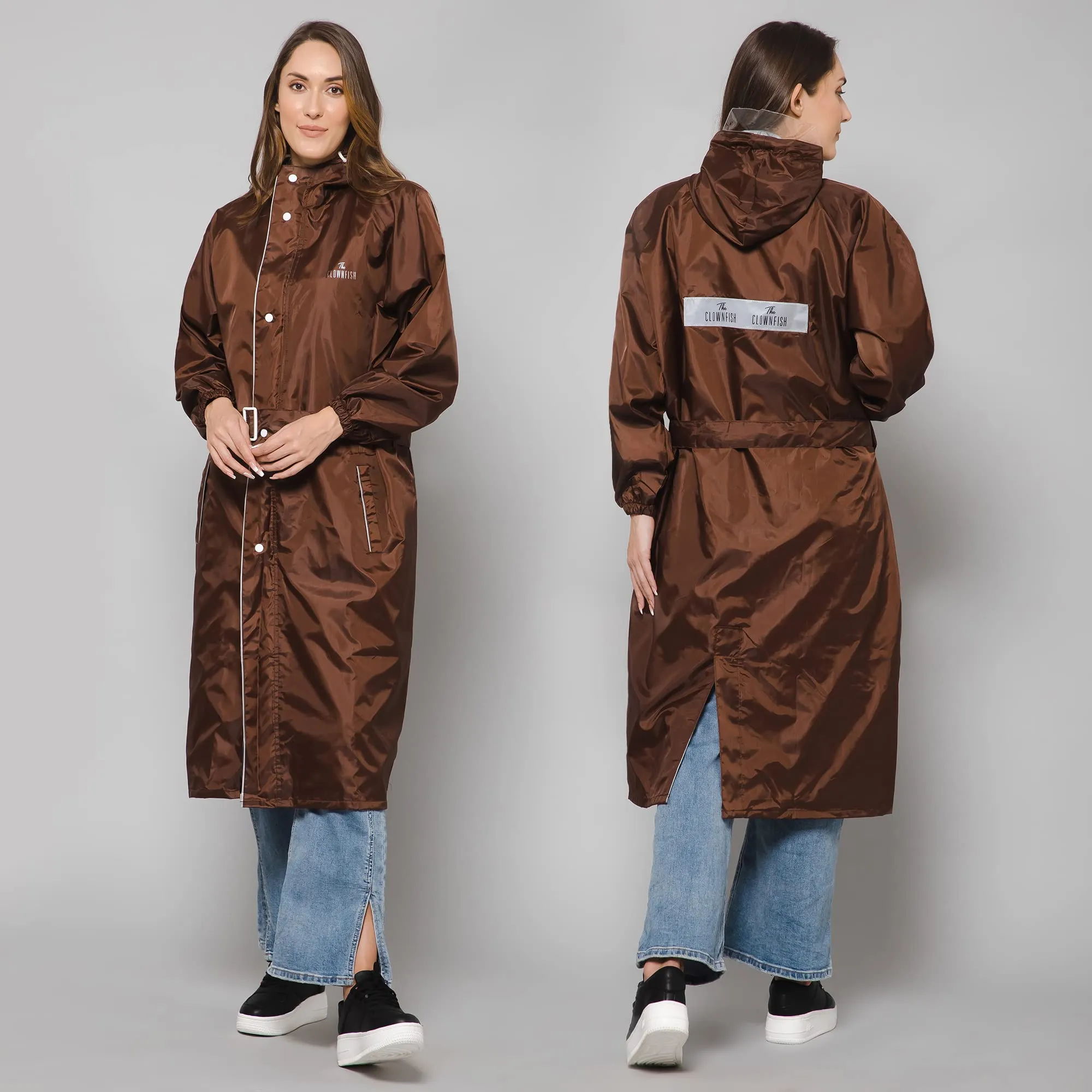 THE CLOWNFISH Polyester Raincoats For Women Raincoat For Ladies Waterproof Reversible Double Layer. Drizzle Diva Series (Brown, Large)