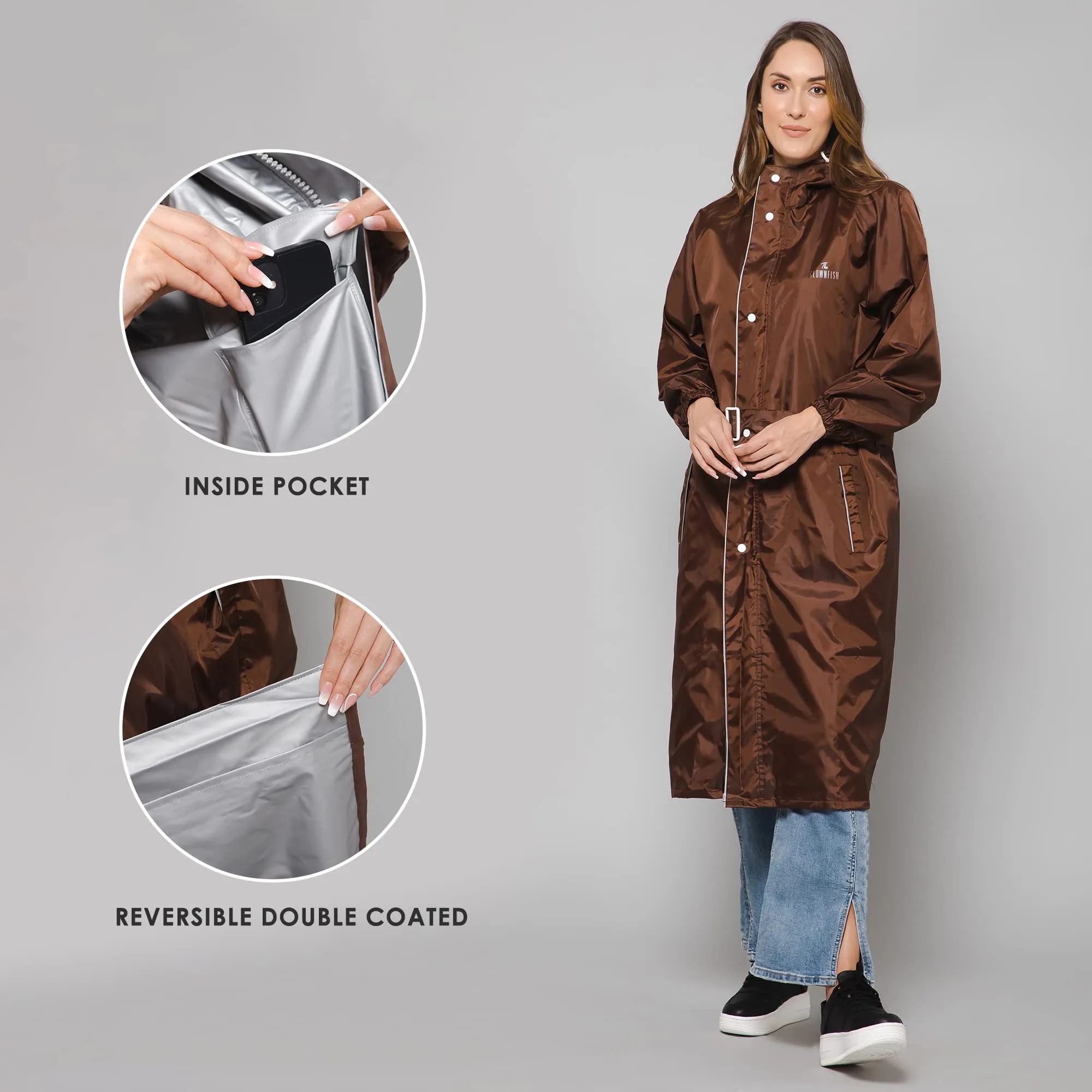 THE CLOWNFISH Polyester Raincoats For Women Raincoat For Ladies Waterproof Reversible Double Layer. Drizzle Diva Series (Brown, Large)