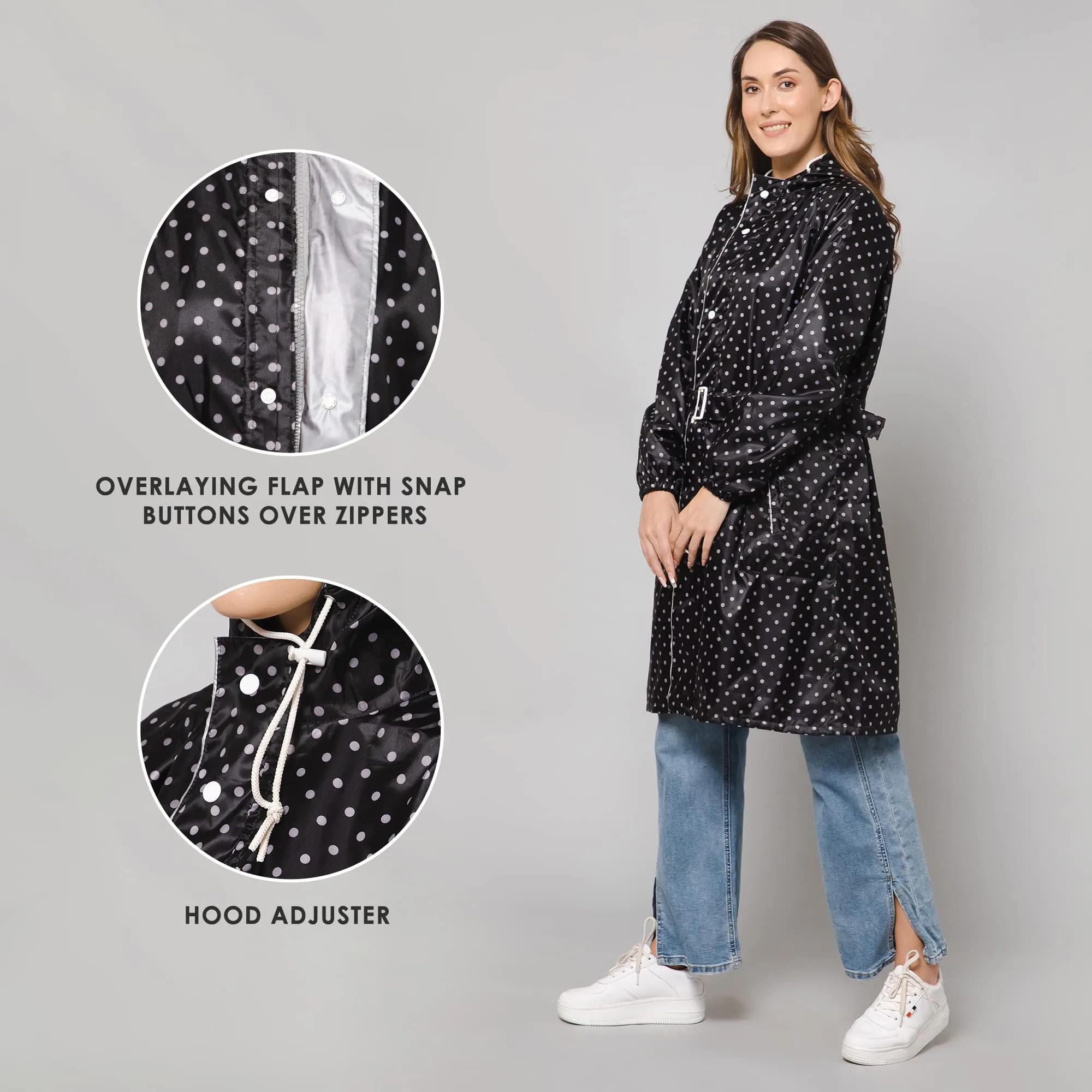 THE CLOWNFISH Raincoats for Women Rain Coat for Women Longcoat Raincoat for Ladies Waterproof Reversible Double Layer. Dotty Delight Series (Black, XXX-Large)