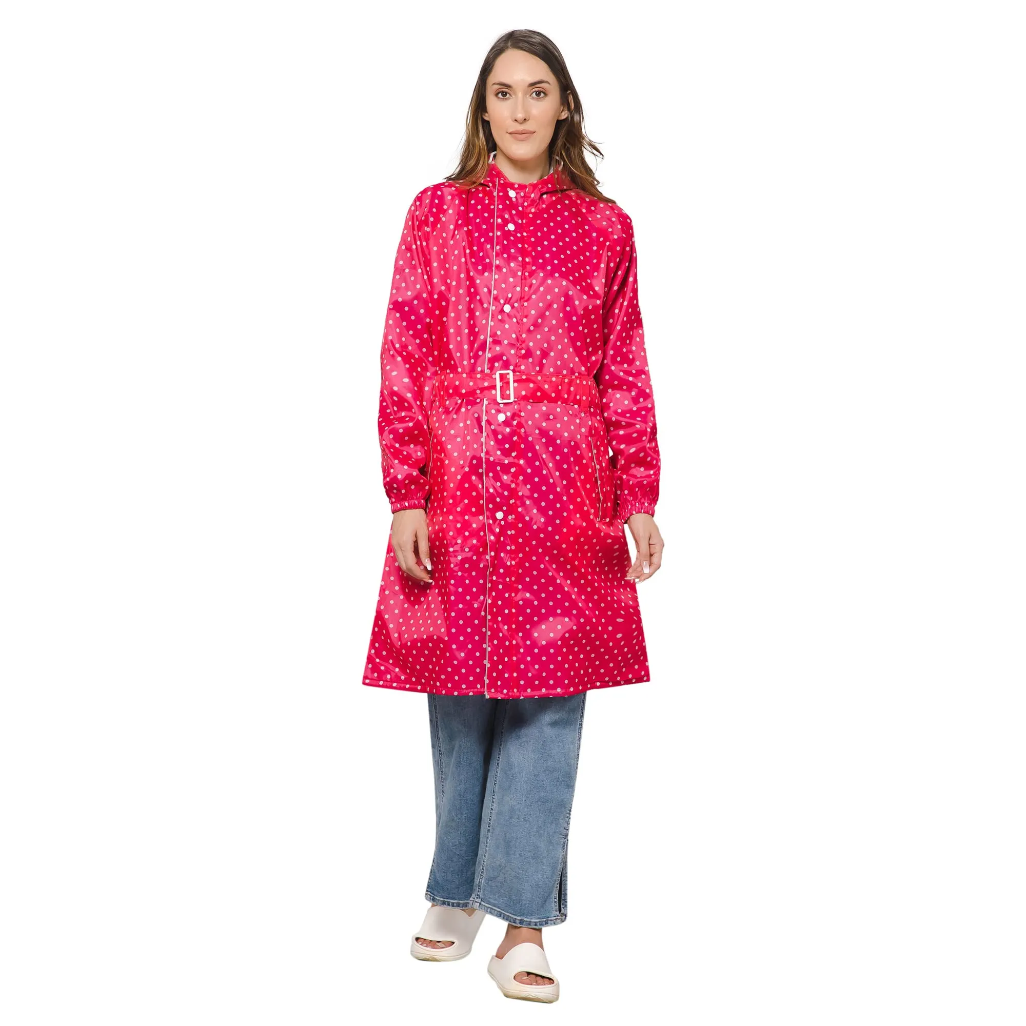 THE CLOWNFISH Raincoats for Women Rain Coat for Women Longcoat Raincoat for Ladies Waterproof Reversible Double Layer. Dotty Delight Series (Dark Pink, XX-Large)