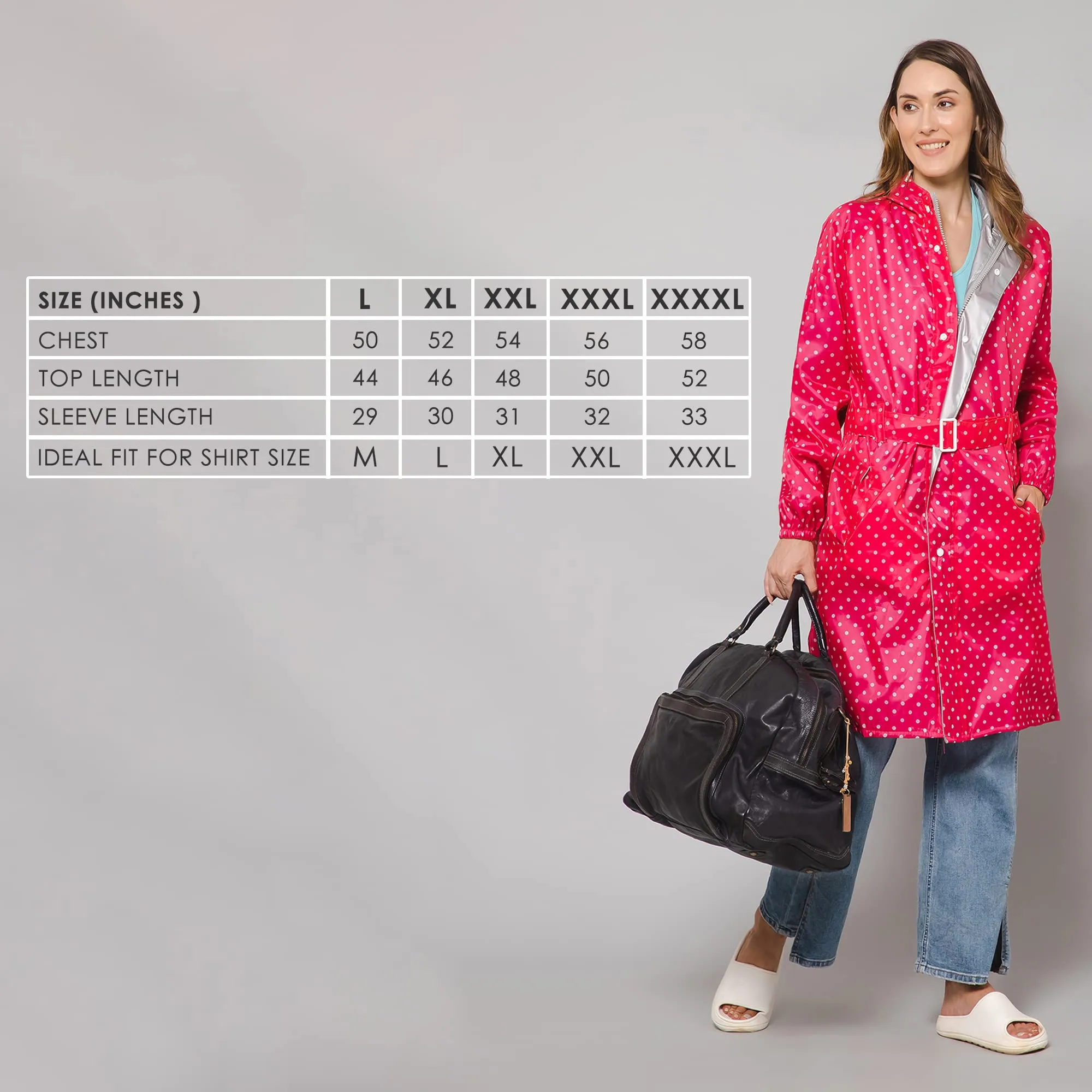 THE CLOWNFISH Raincoats for Women Rain Coat for Women Longcoat Raincoat for Ladies Waterproof Reversible Double Layer. Dotty Delight Series (Dark Pink, XX-Large)