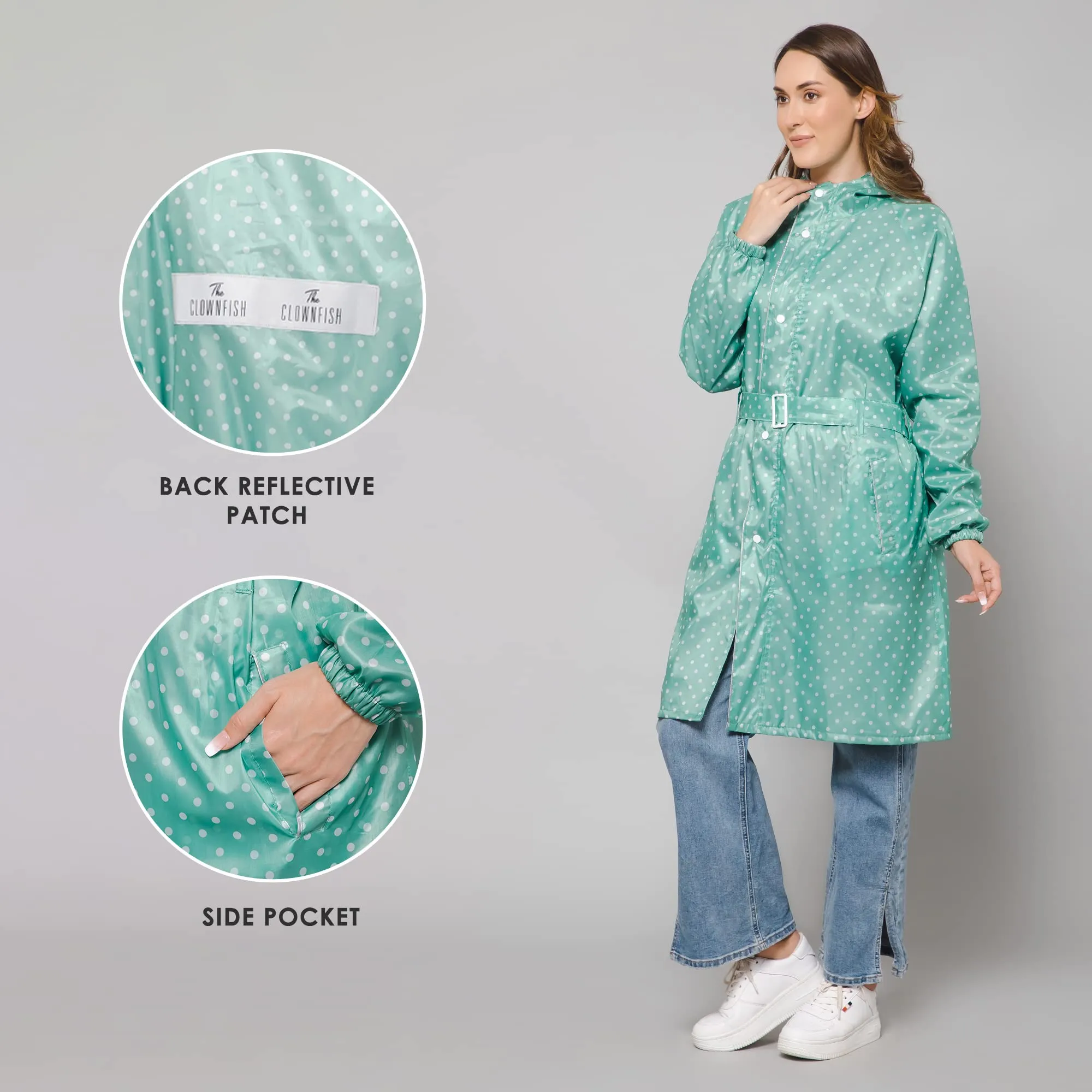 THE CLOWNFISH Raincoats for Women Rain Coat for Women Longcoat Raincoat for Ladies Waterproof Reversible Double Layer. Dotty Delight Series (Green, X-Large)