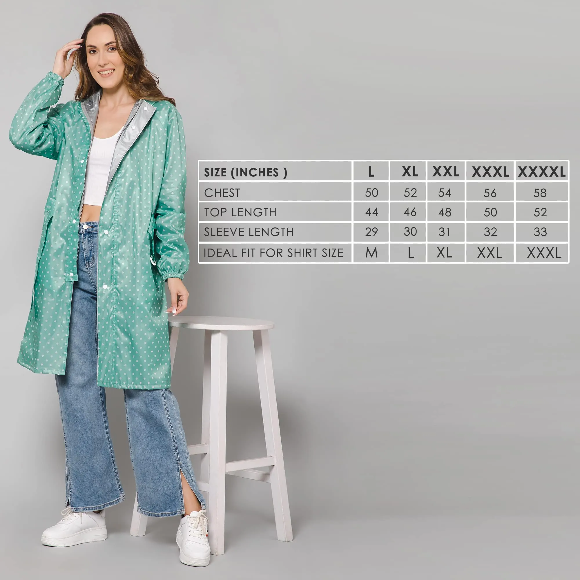 THE CLOWNFISH Raincoats for Women Rain Coat for Women Longcoat Raincoat for Ladies Waterproof Reversible Double Layer. Dotty Delight Series (Green, X-Large)