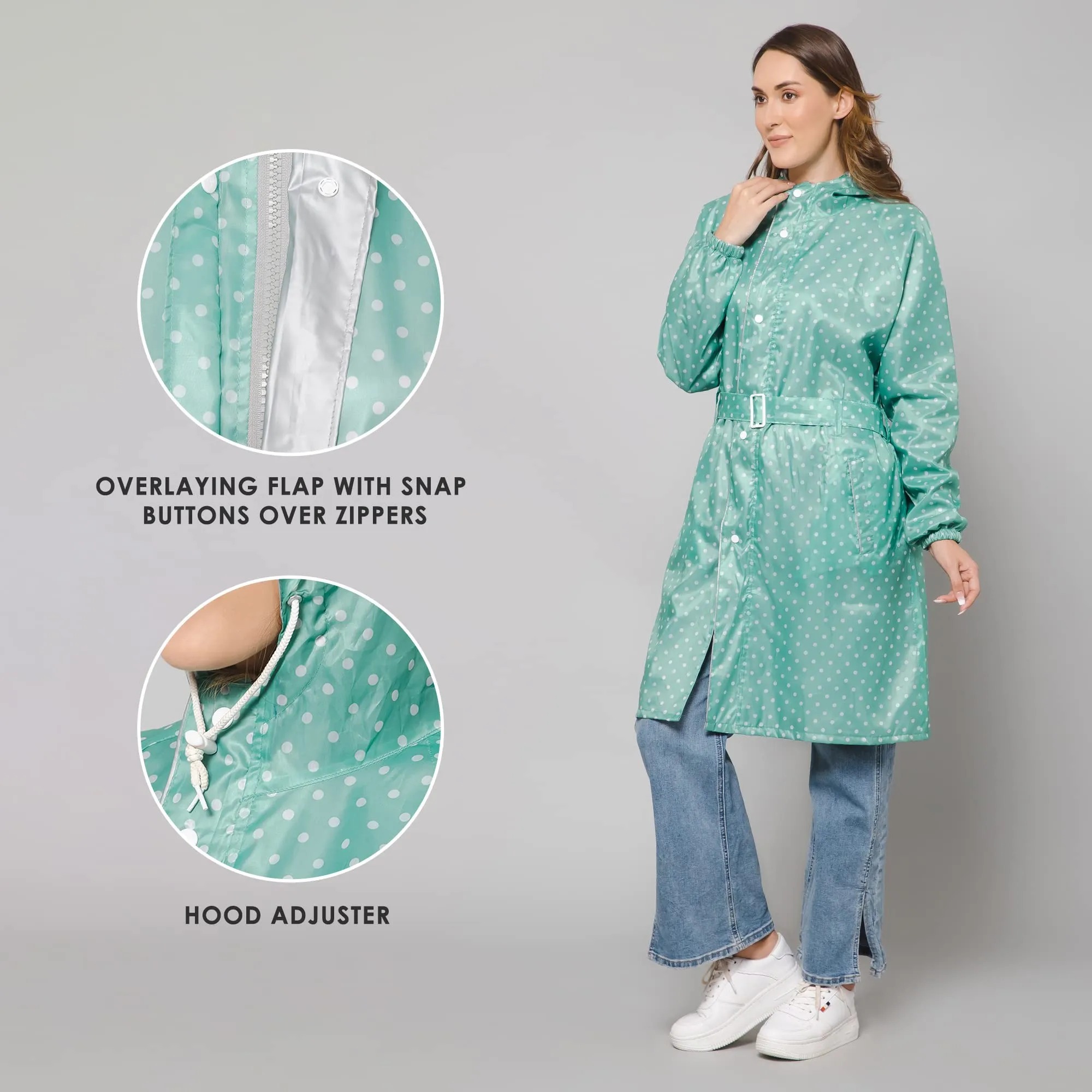 THE CLOWNFISH Raincoats for Women Rain Coat for Women Longcoat Raincoat for Ladies Waterproof Reversible Double Layer. Dotty Delight Series (Green, XXX-Large)