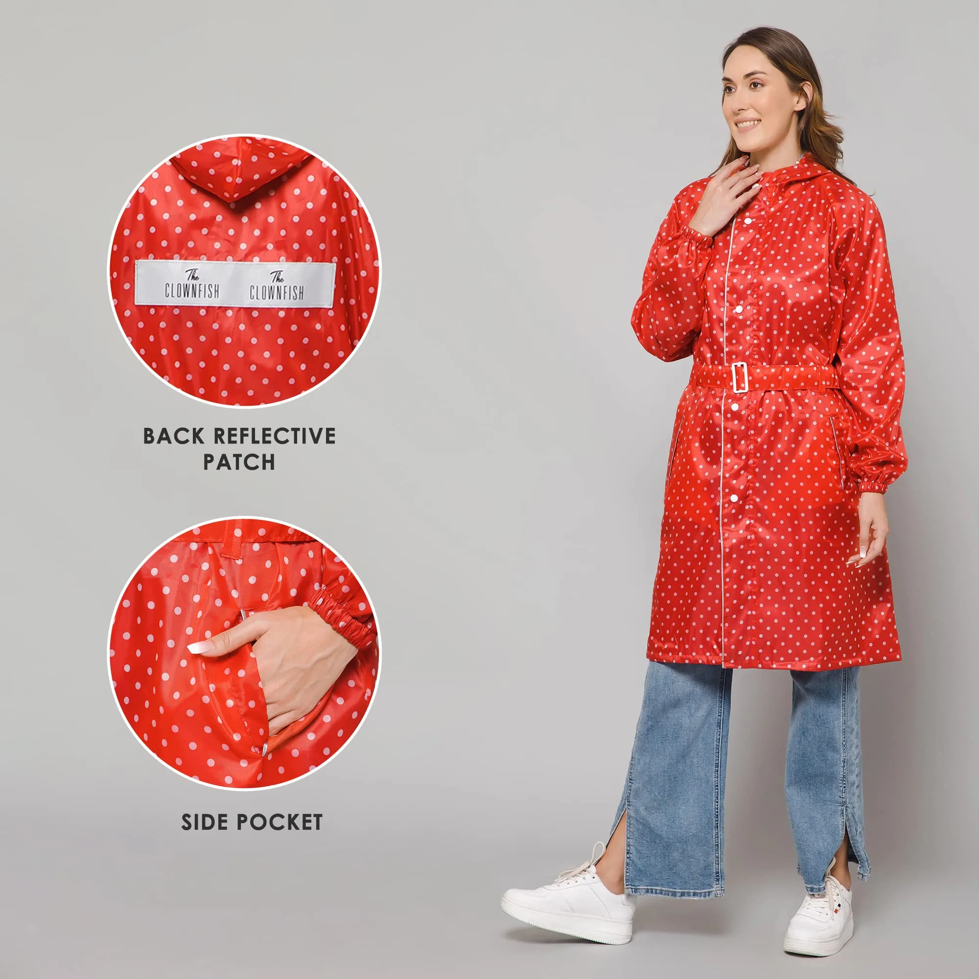 THE CLOWNFISH Raincoats for Women Rain Coat for Women Longcoat Raincoat for Ladies Waterproof Reversible Double Layer. Dotty Delight Series (Red, X-Large)