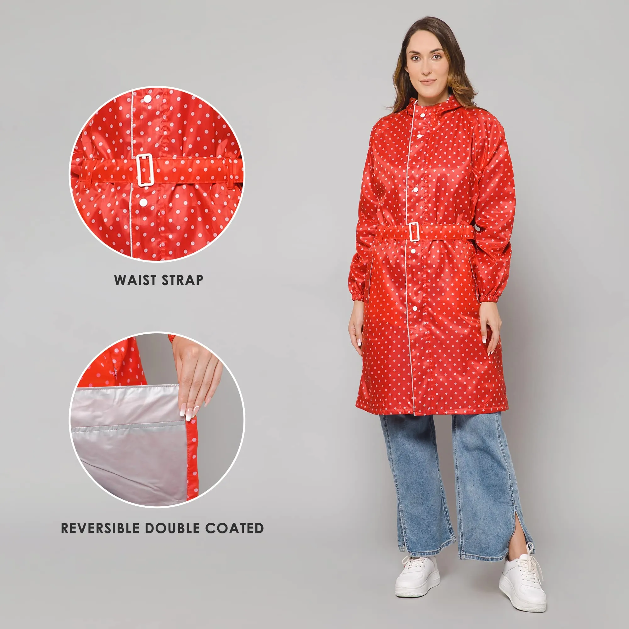 THE CLOWNFISH Raincoats for Women Rain Coat for Women Longcoat Raincoat for Ladies Waterproof Reversible Double Layer. Dotty Delight Series (Red, X-Large)