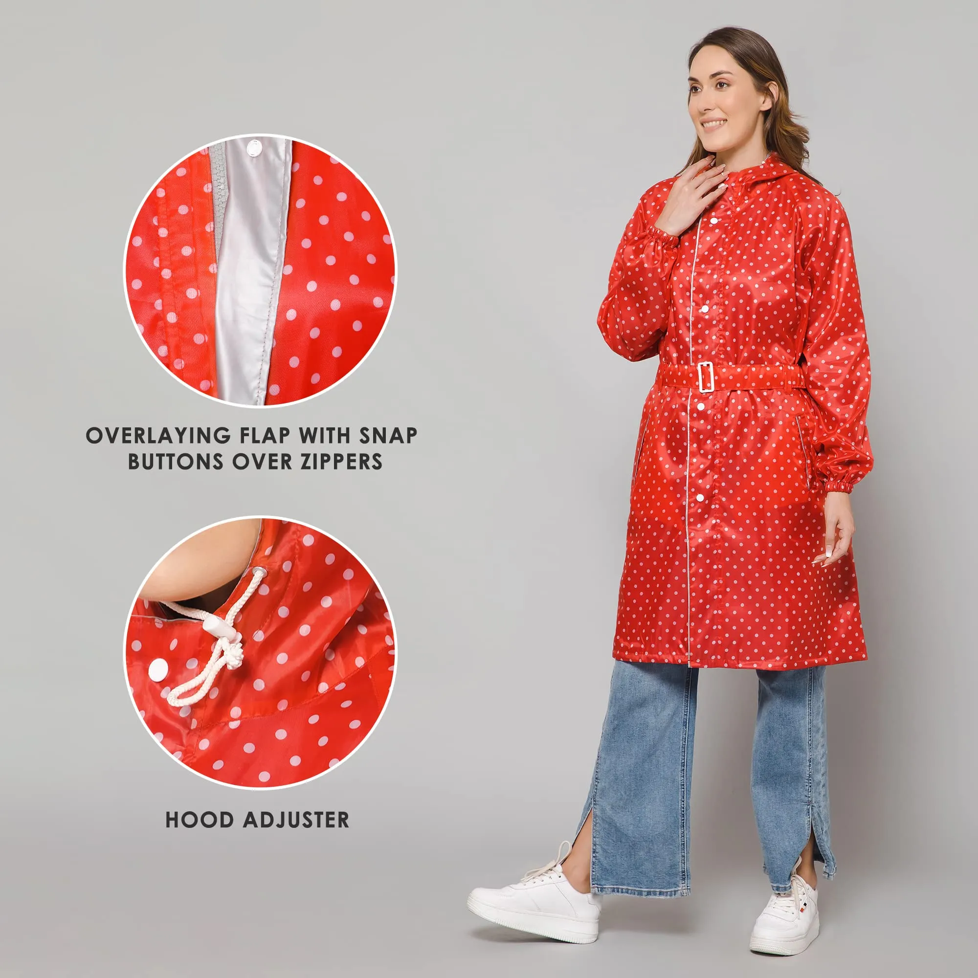 THE CLOWNFISH Raincoats for Women Rain Coat for Women Longcoat Raincoat for Ladies Waterproof Reversible Double Layer. Dotty Delight Series (Red, X-Large)