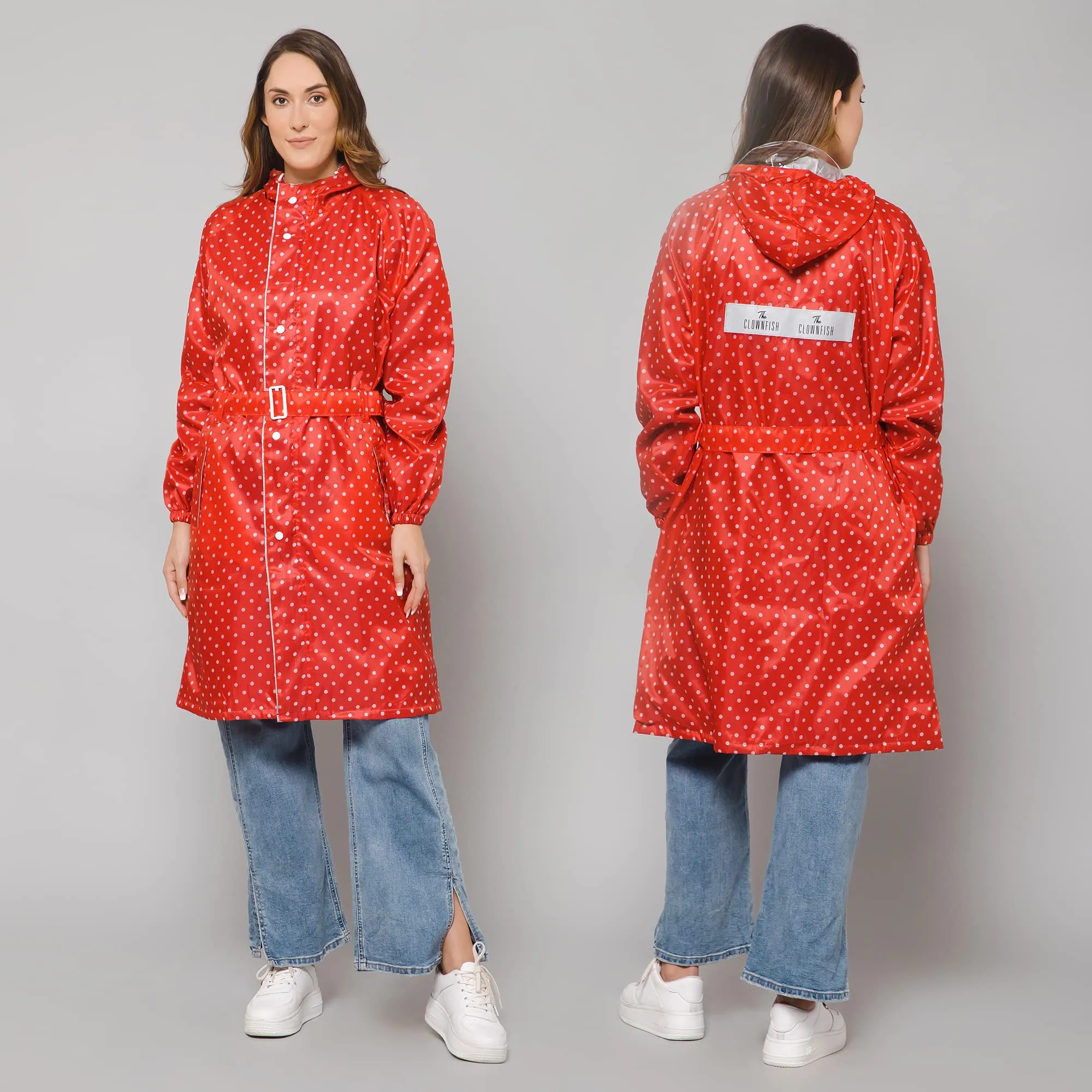 THE CLOWNFISH Raincoats for Women Rain Coat for Women Longcoat Raincoat for Ladies Waterproof Reversible Double Layer. Dotty Delight Series (Red, X-Large)