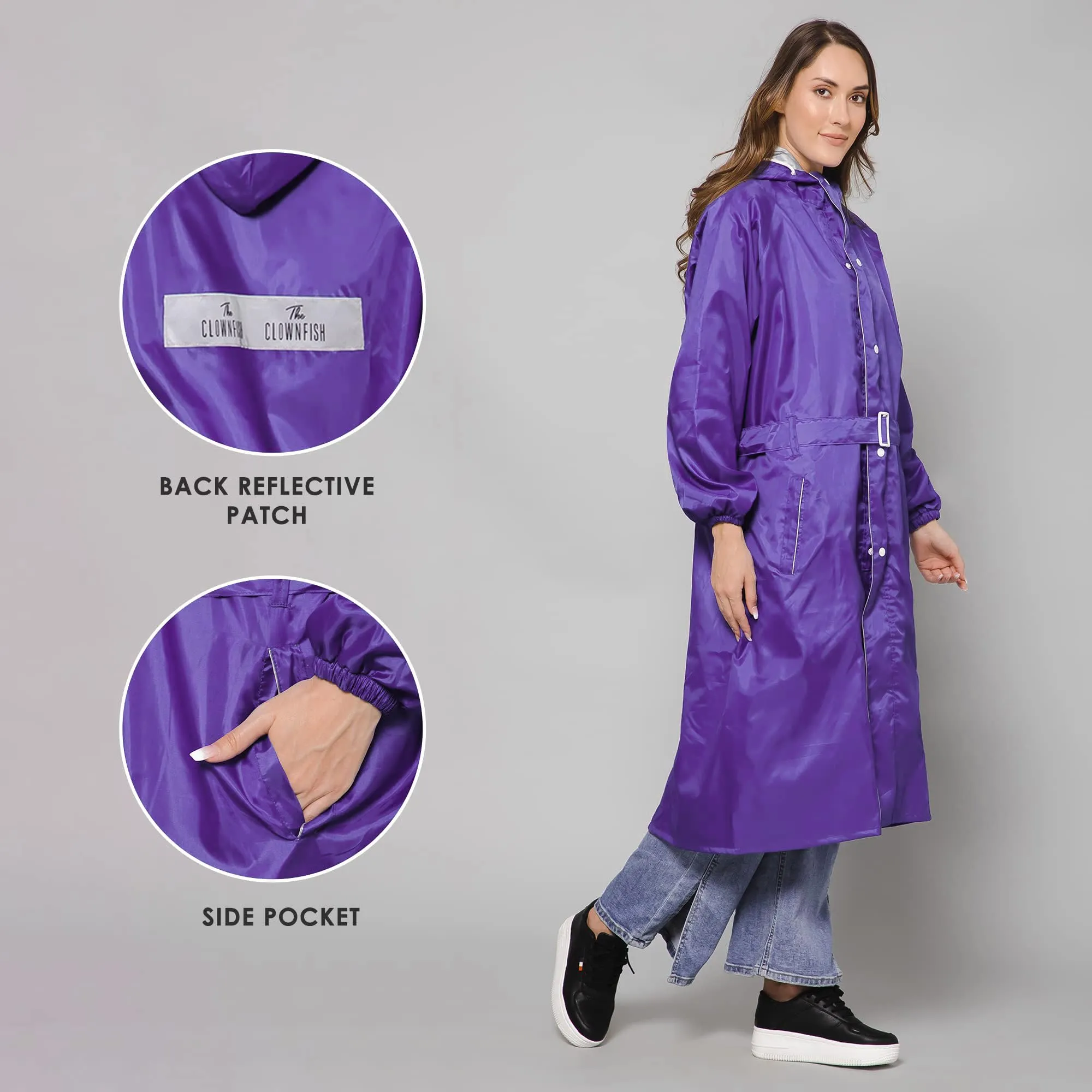 THE CLOWNFISH Raincoats for Women Rain Coat for Women Raincoat for Ladies Waterproof Reversible Double Layer. Drizzle Diva Series (Purple, Large)