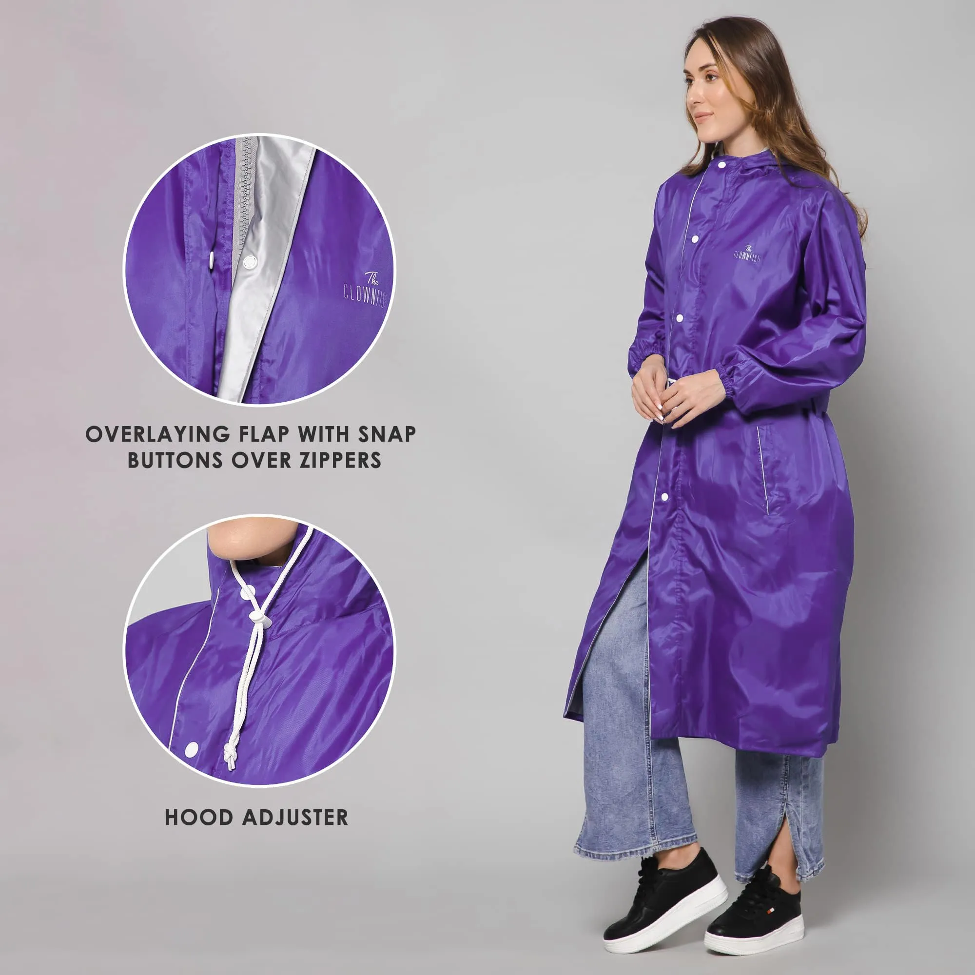 THE CLOWNFISH Raincoats for Women Rain Coat for Women Raincoat for Ladies Waterproof Reversible Double Layer. Drizzle Diva Series (Purple, Large)