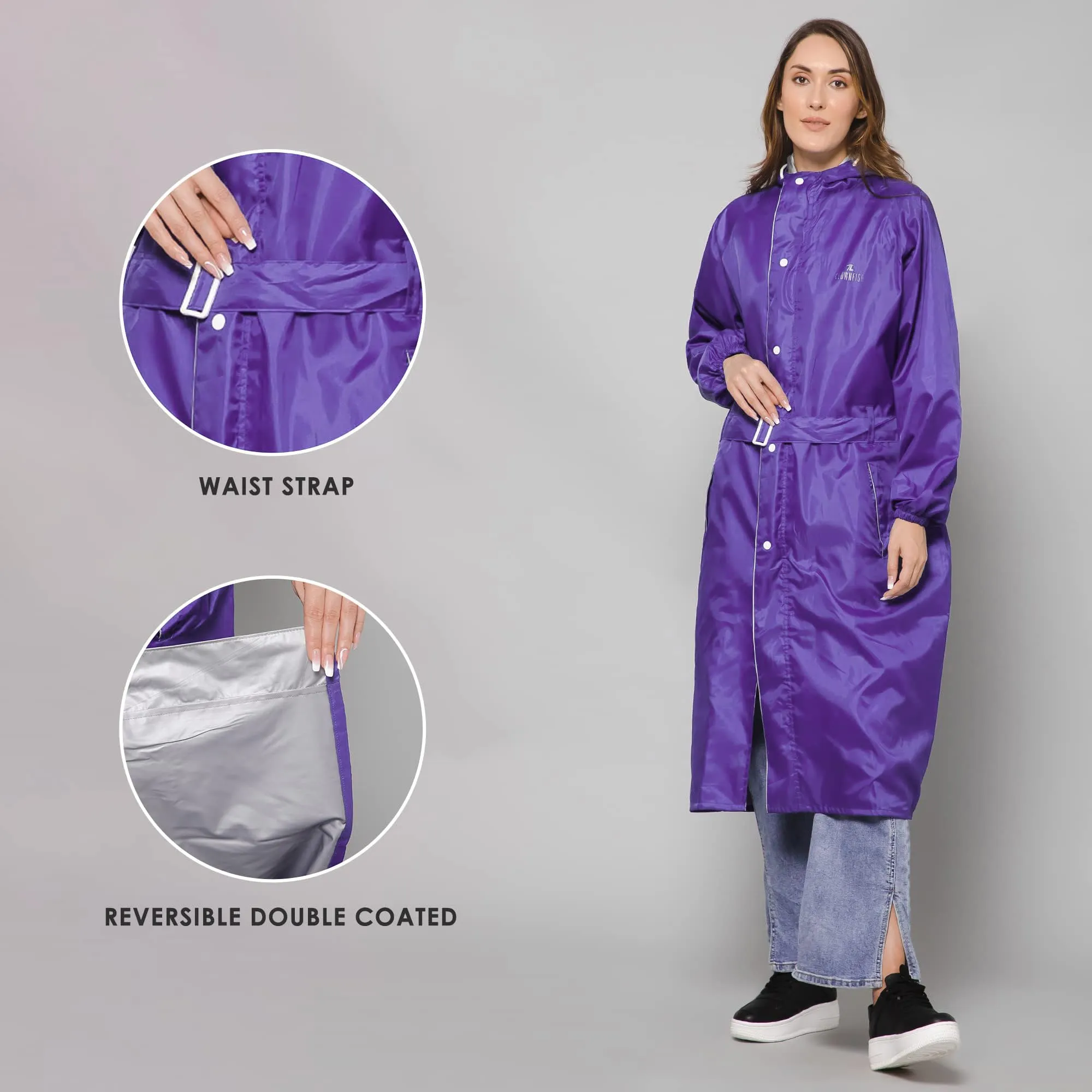 THE CLOWNFISH Raincoats for Women Rain Coat for Women Raincoat for Ladies Waterproof Reversible Double Layer. Drizzle Diva Series (Purple, Large)