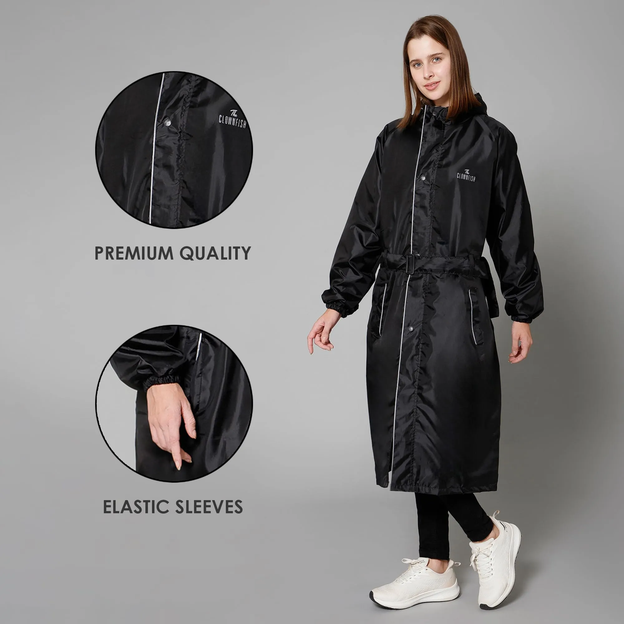 THE CLOWNFISH Raincoats for Women Raincoat for Ladies Waterproof Reversible Double Layer. Drizzle Diva Series (Black, X-Large)