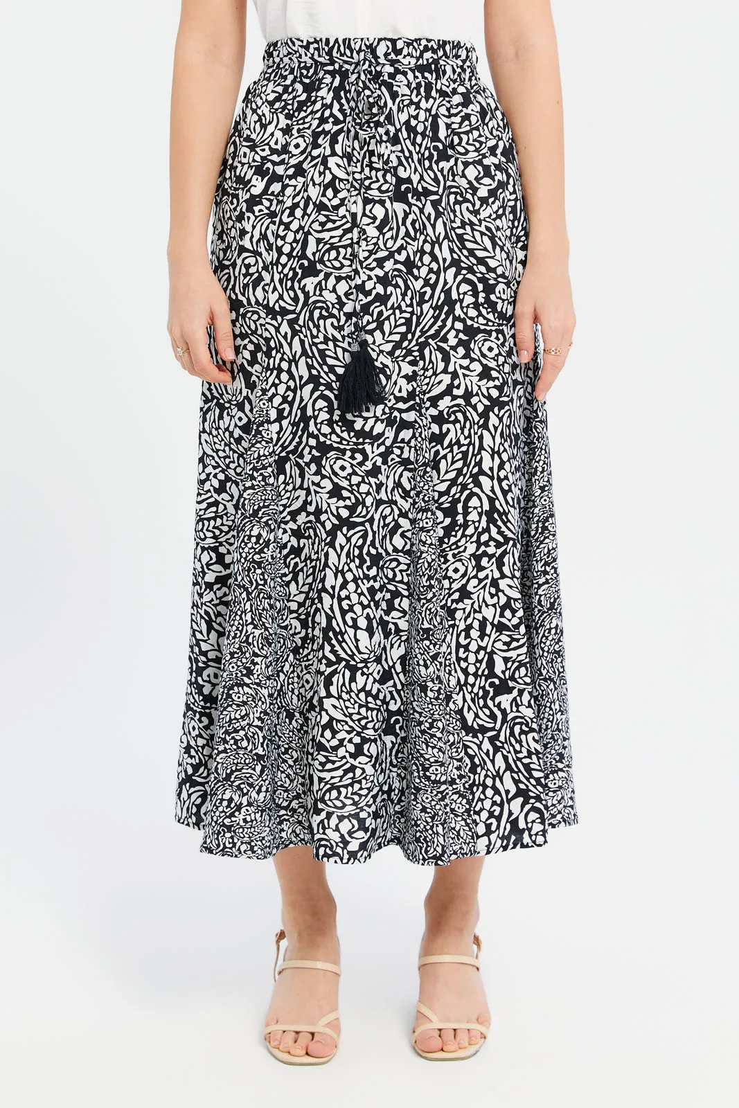 Women Balck And White A-Line With Drawcord Skirt