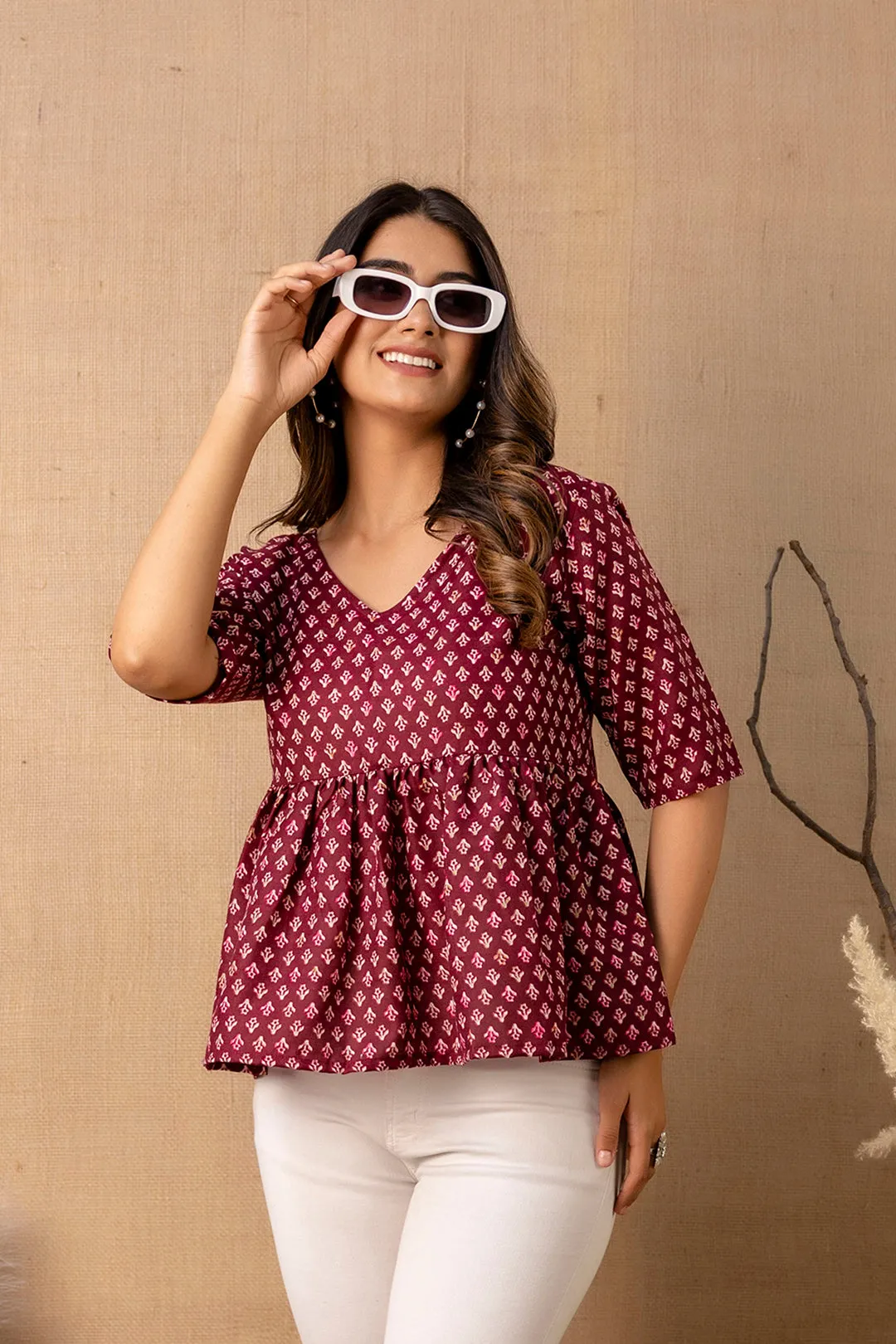 Women Burgundy Printed V-Neck Peplum Tunic