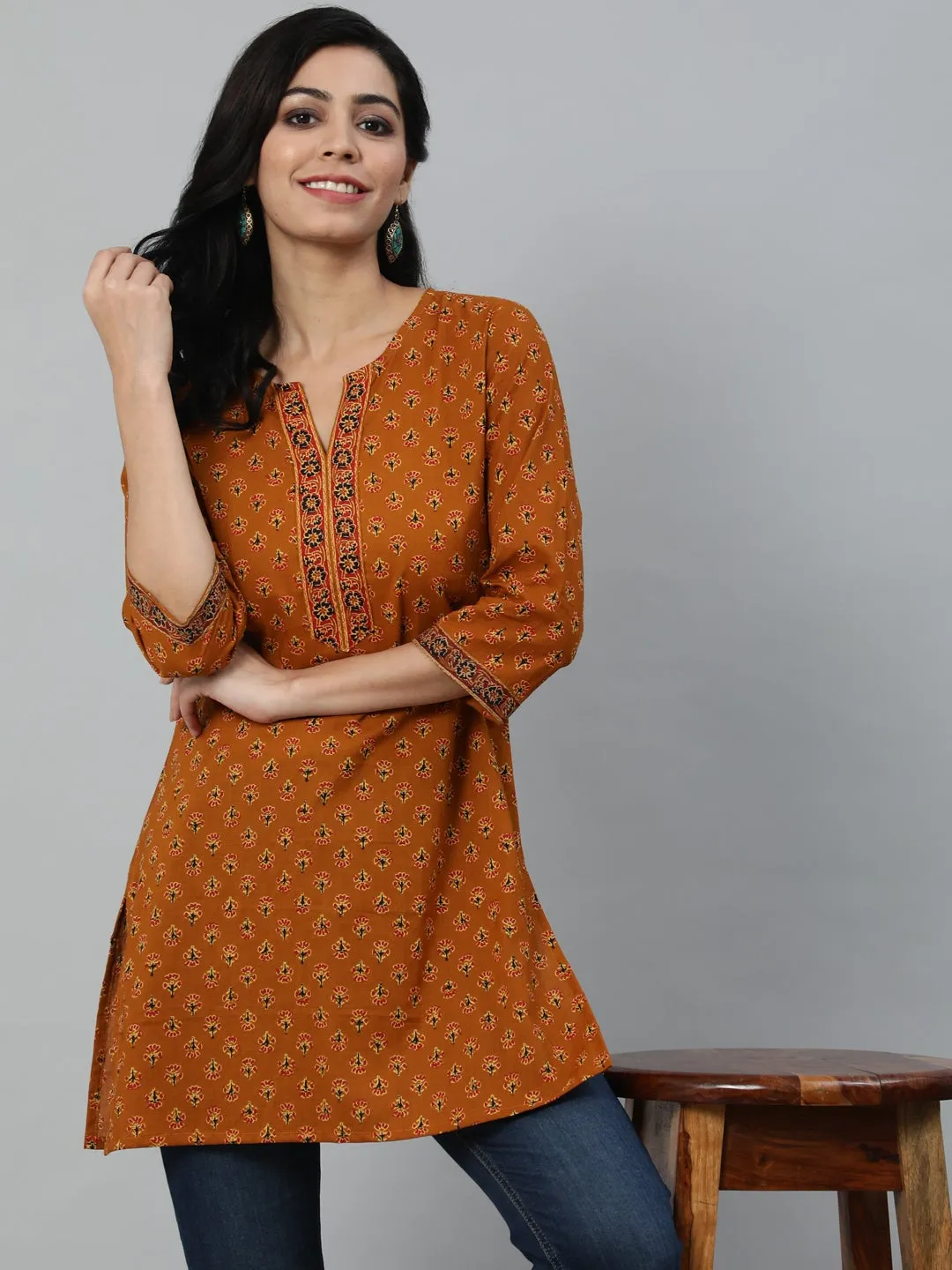 Women Mustard & Red Printed Tunic