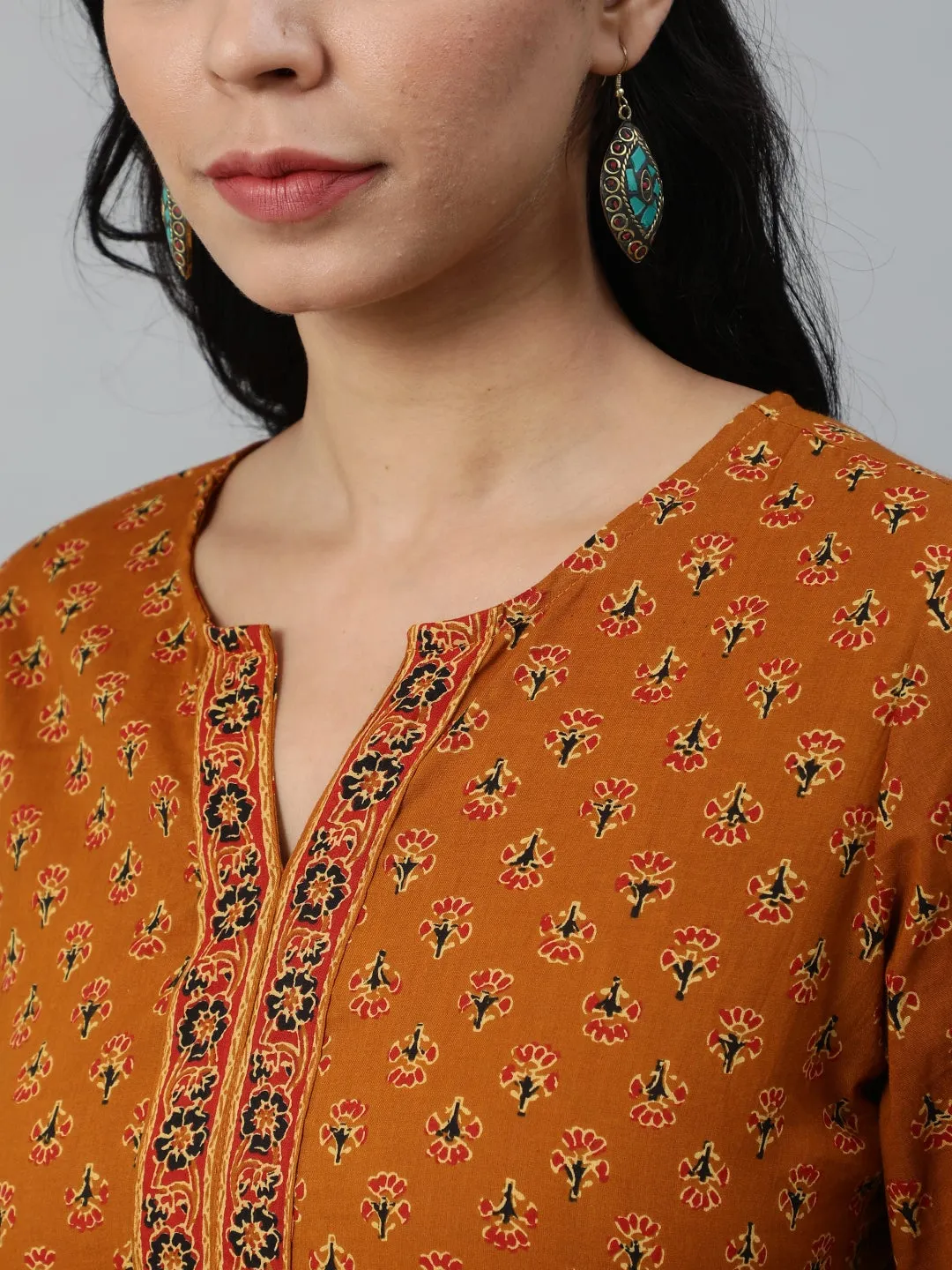 Women Mustard & Red Printed Tunic