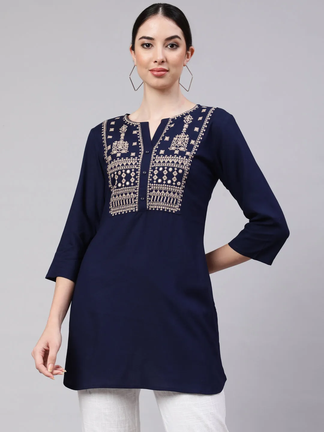 Women Navy Blue Embroidered Straight Tunic