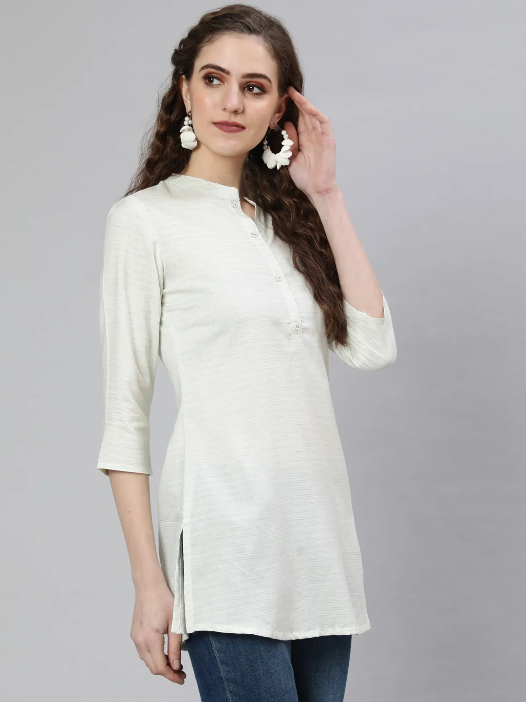 Women Off-White And Green Printed Straight Tunic With Three Quarter Sleeves